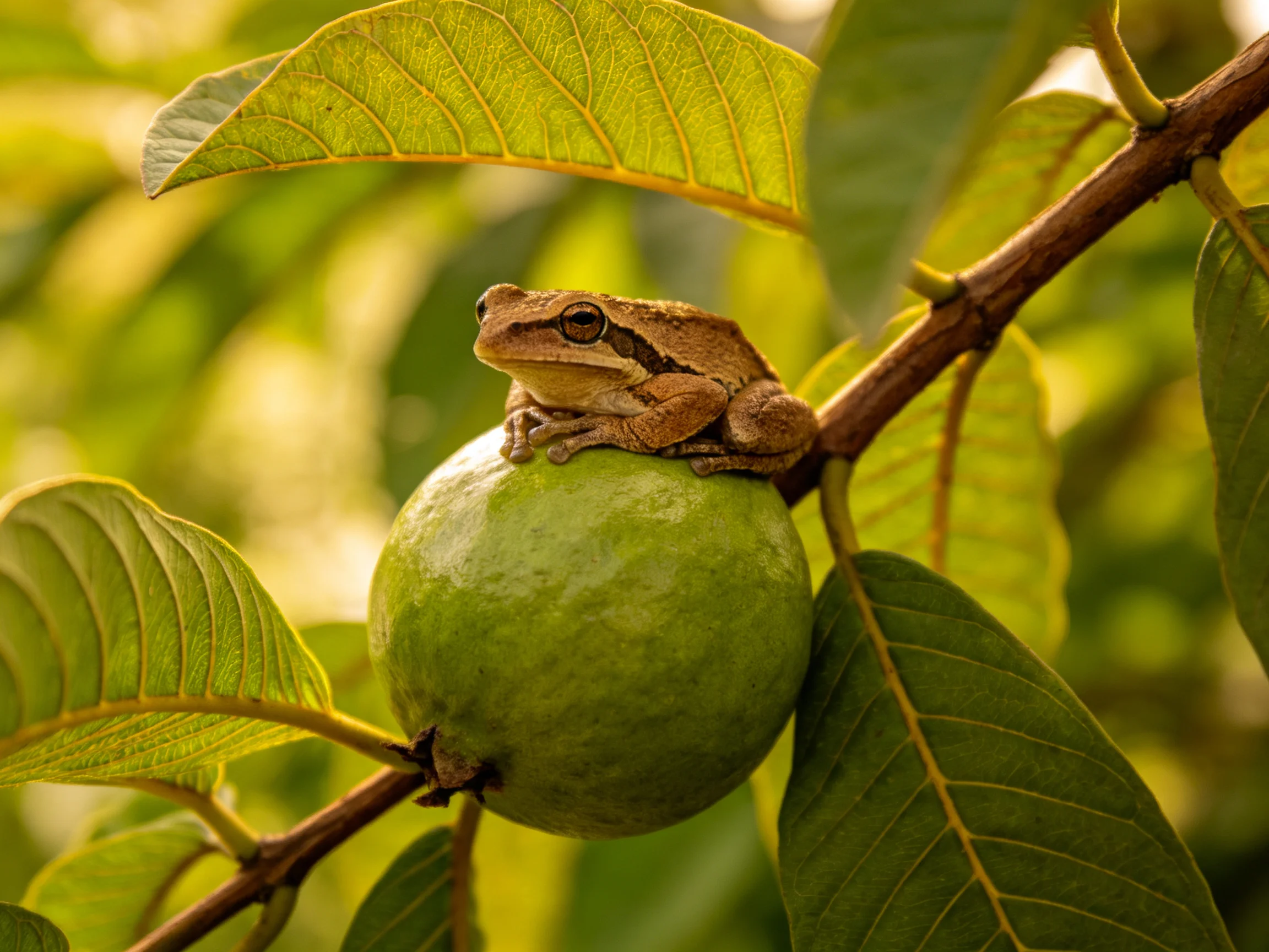 A brown tree frog perched on a round green fruit amid lush green leaves