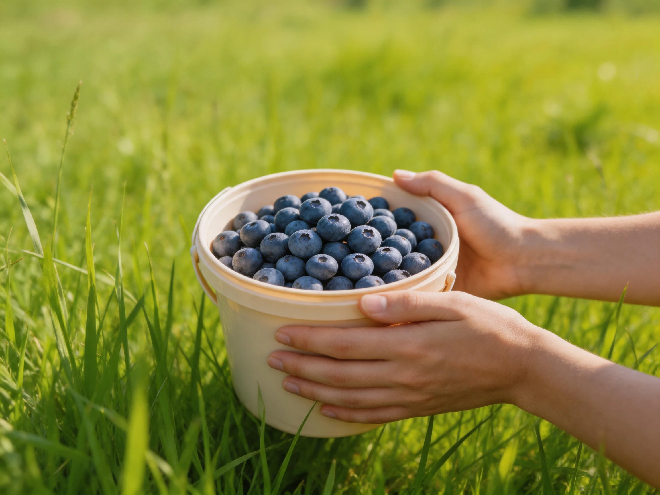 A bucket brimming with plump blueberries held over lush green grass