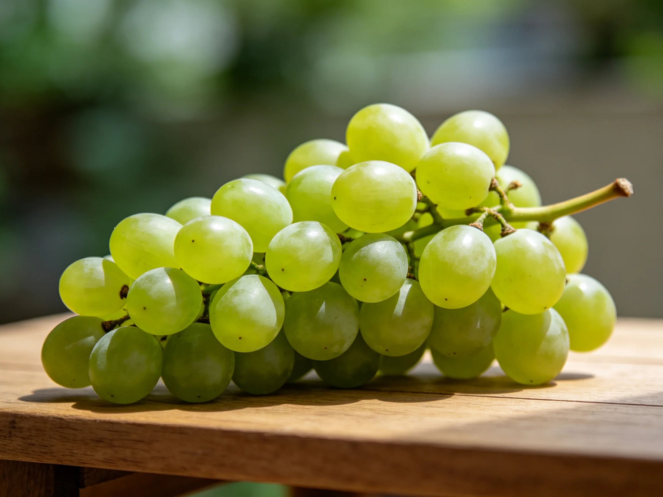 A bunch of fresh green grapes rests on a wooden table