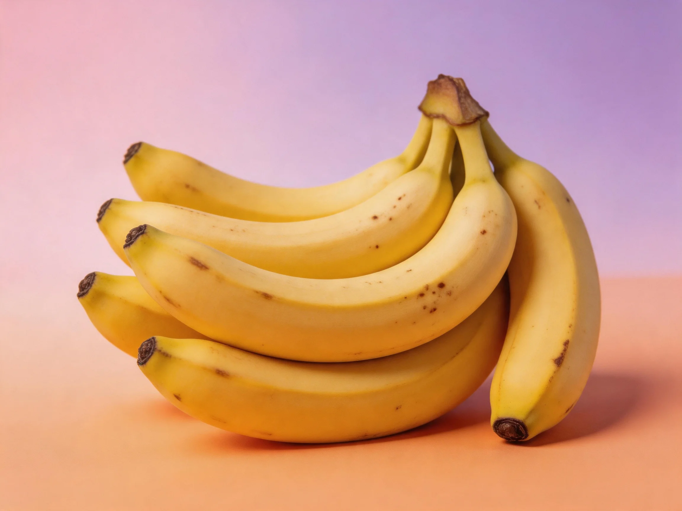 A bunch of ripe yellow bananas against a pink-to-purple gradient