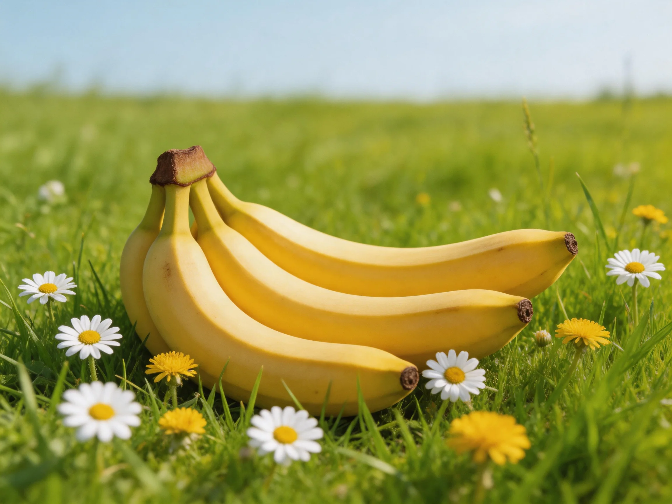 A bunch of ripe yellow bananas in a field of green grass and daisy-like flowers