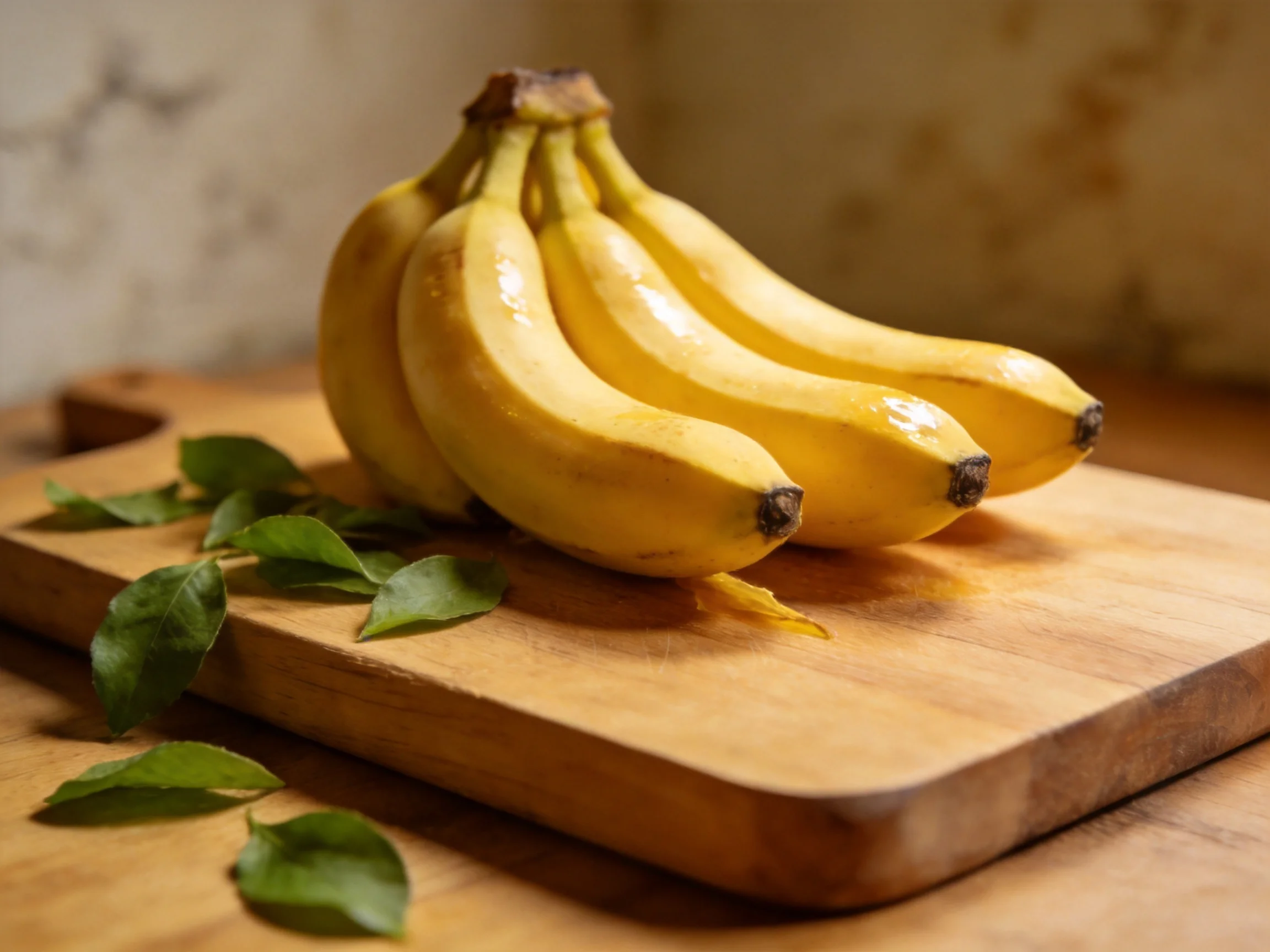 A bunch of ripe yellow bananas on a wooden cutting board with green leaves