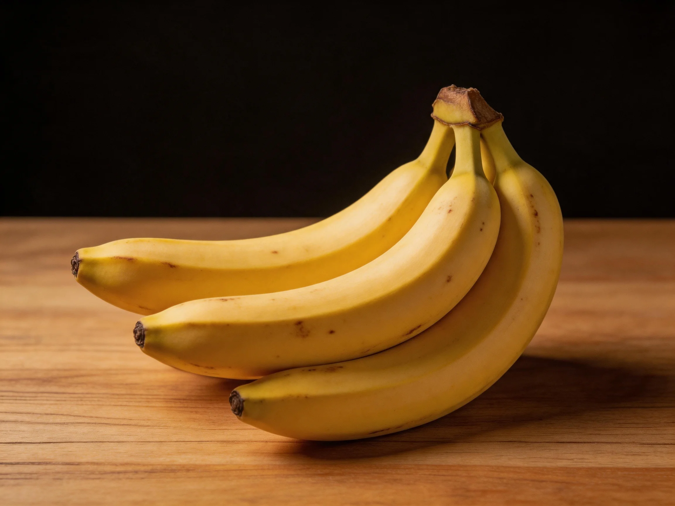 A bunch of ripe yellow bananas on a wooden surface