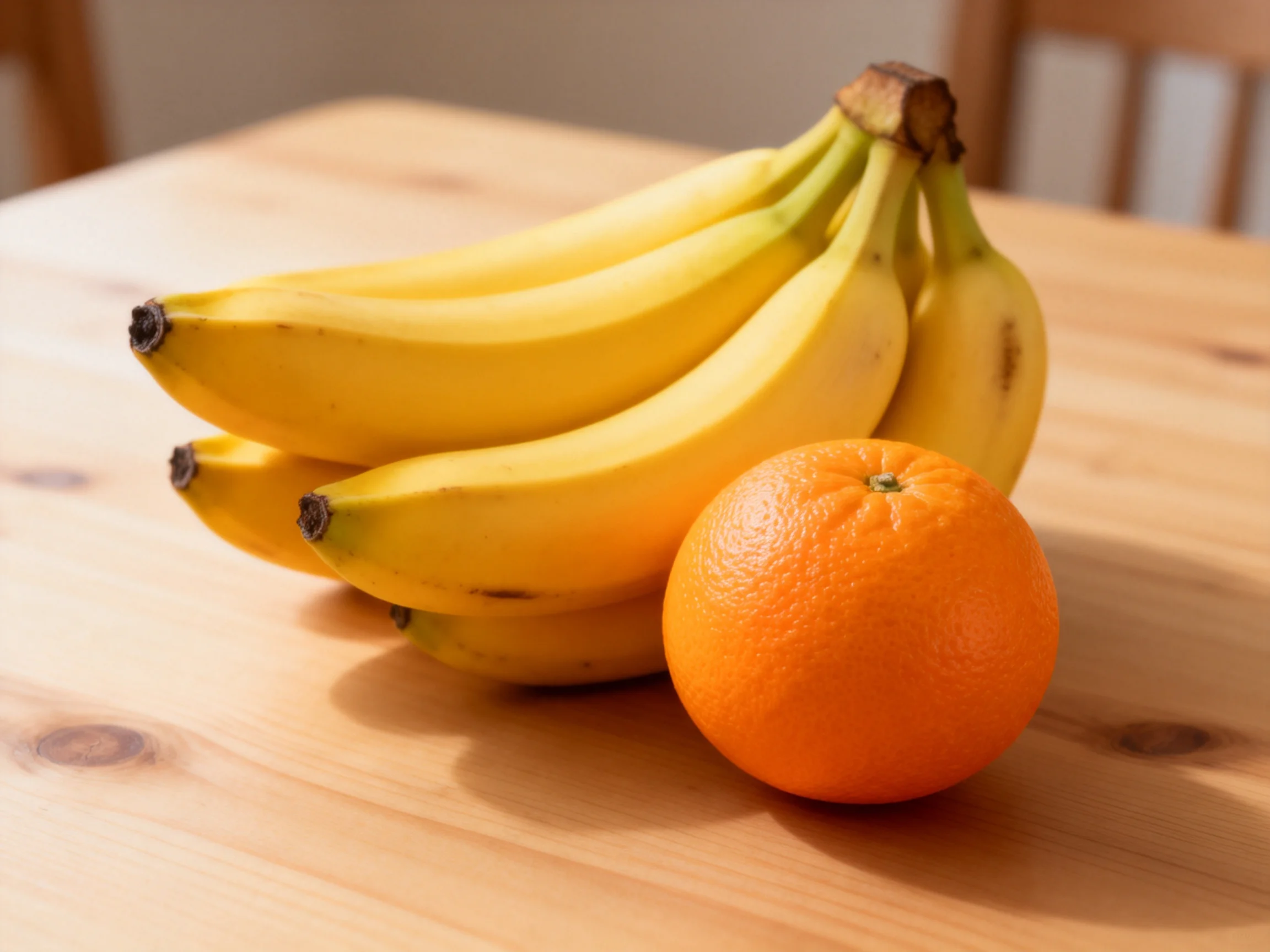 A bunch of yellow bananas and a single orange on a wooden table