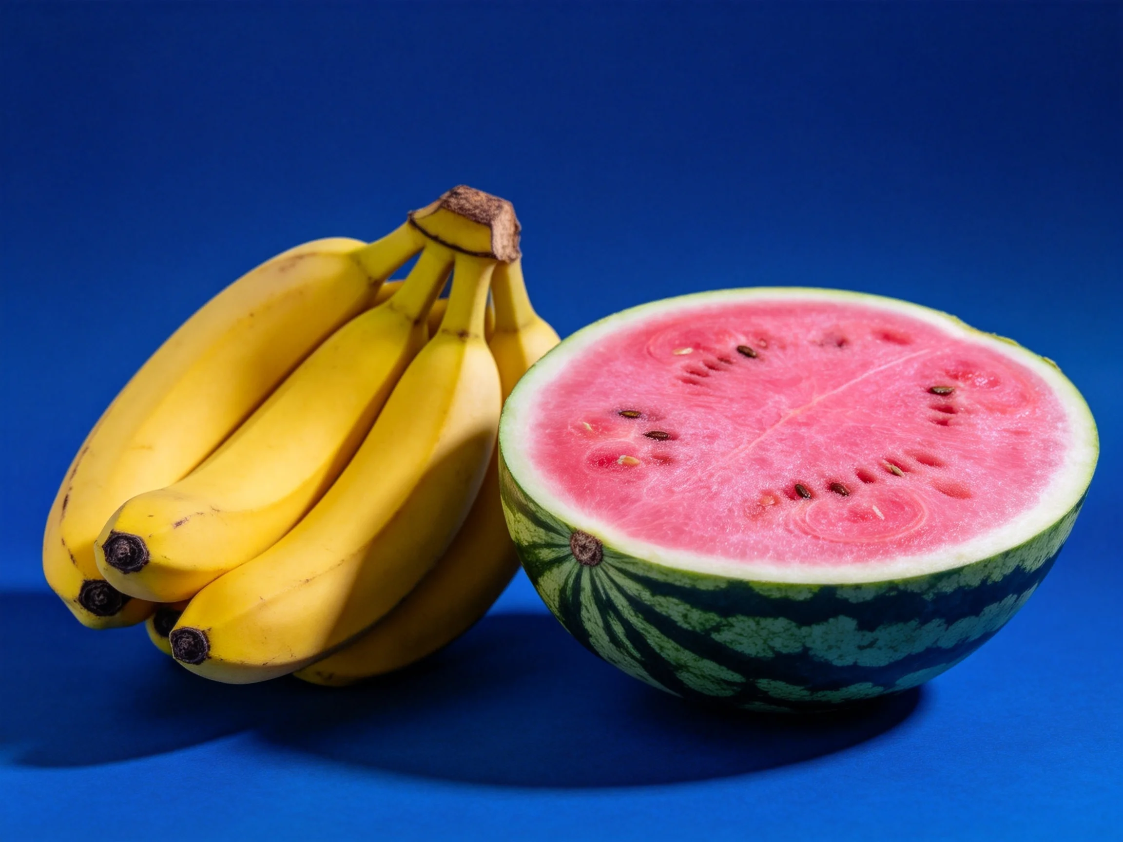 A bunch of yellow bananas beside a sliced pink watermelon