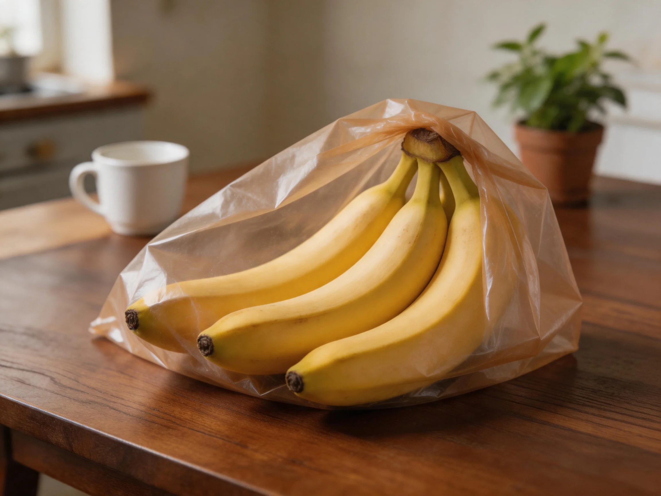 A bunch of yellow bananas in a clear plastic bag on a wooden table
