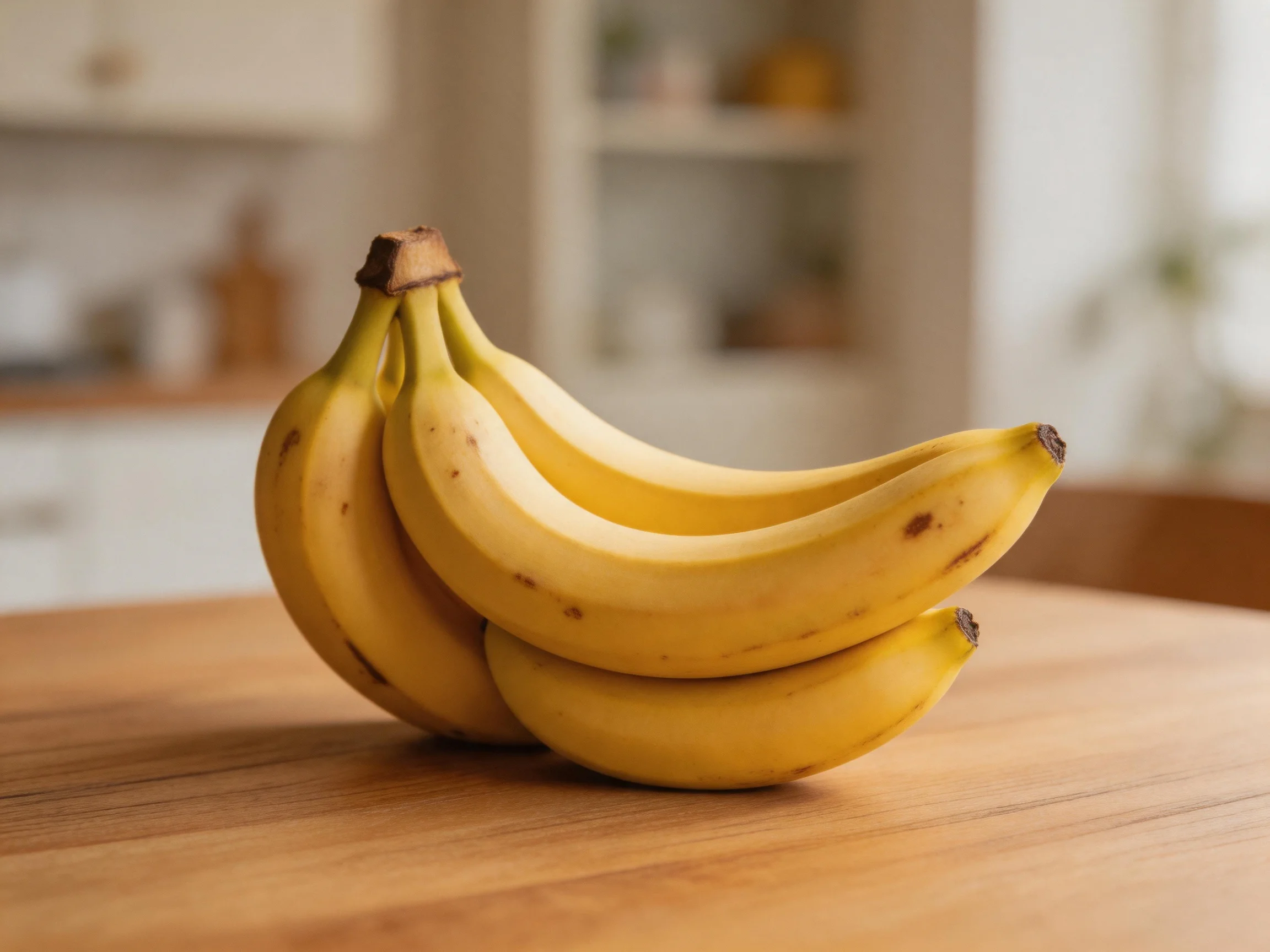 A bunch of yellow bananas rests on a wooden table