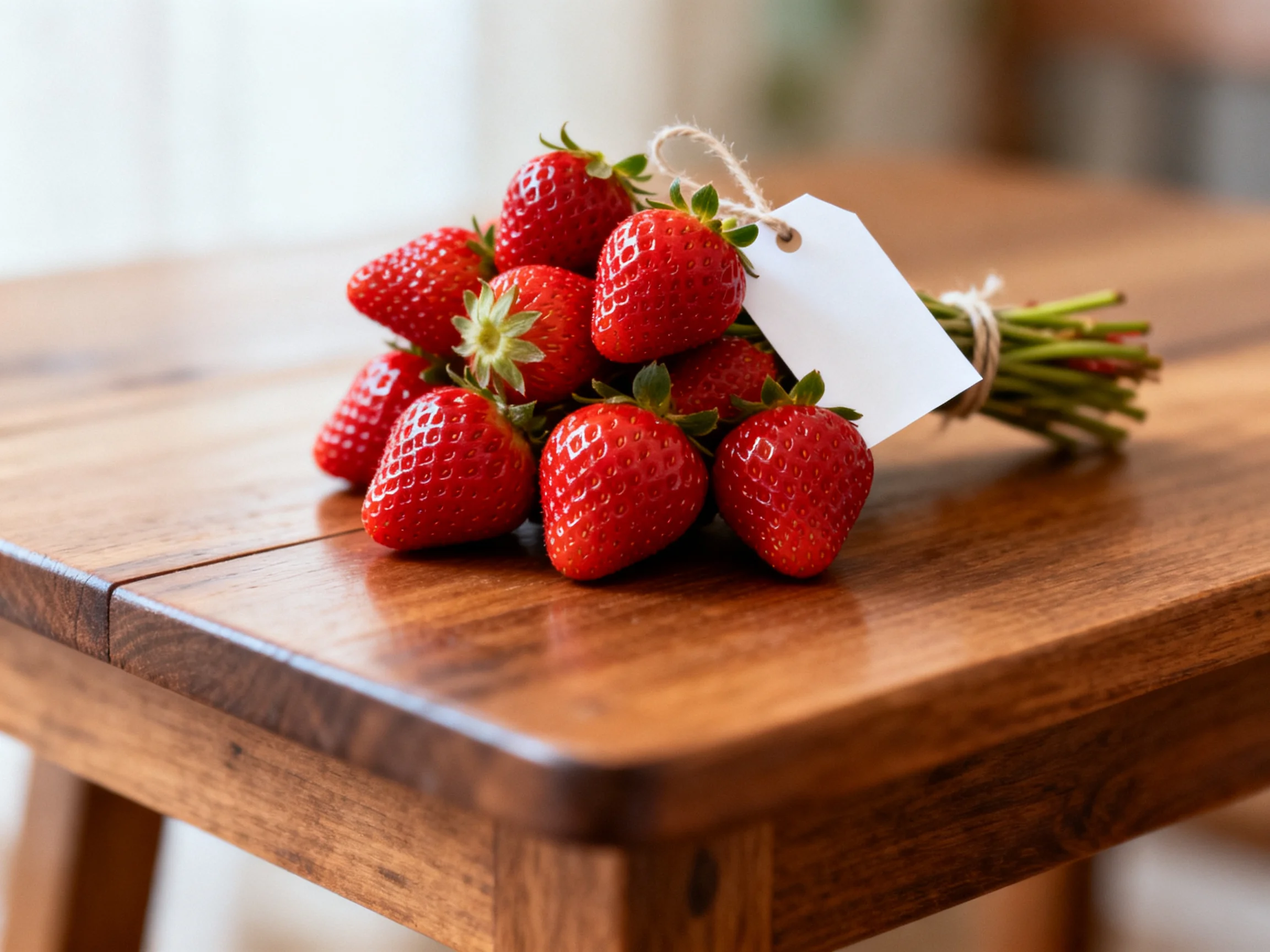 A bundle of ripe red strawberries tied with twine on a polished wooden table