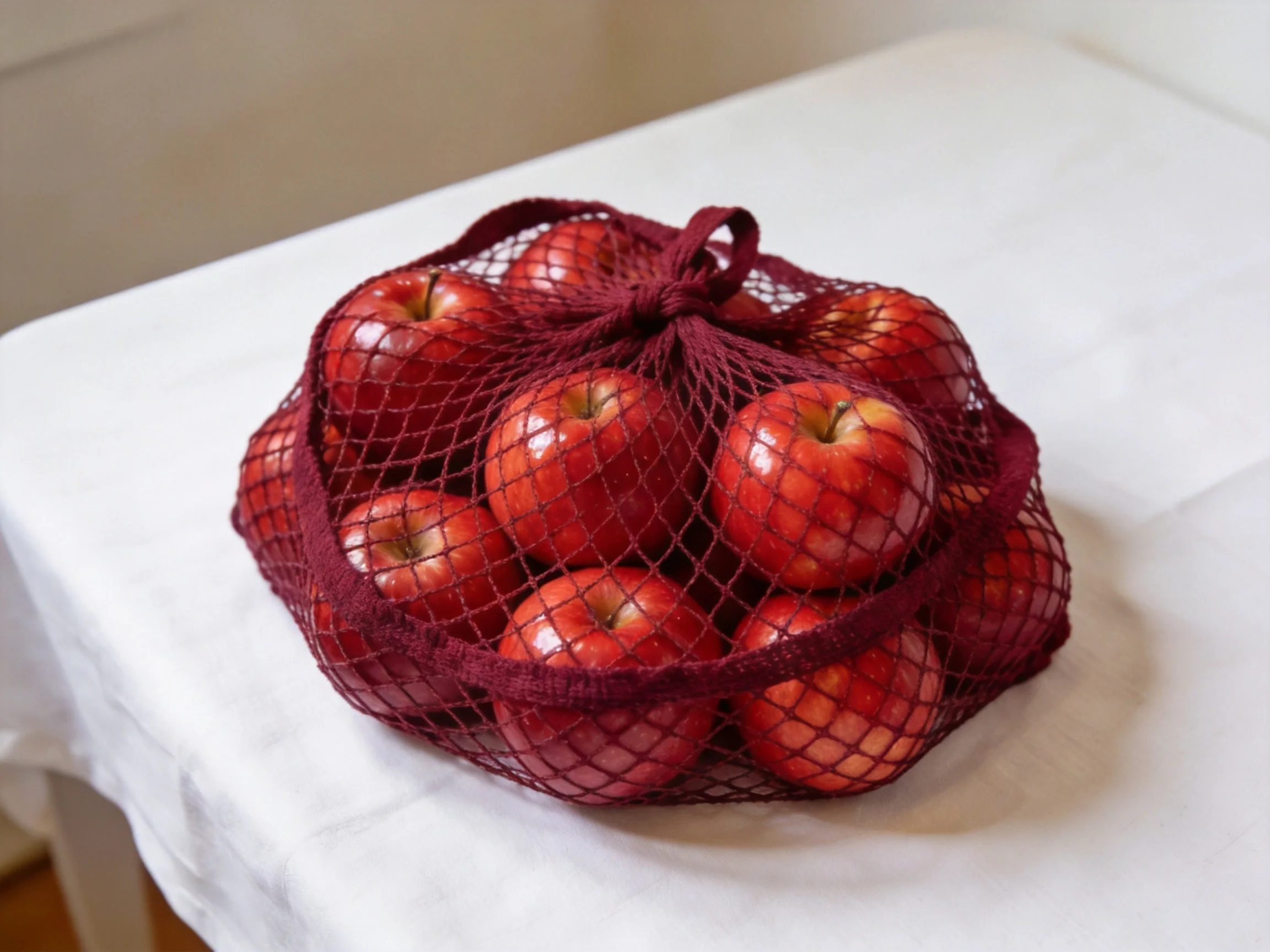 A burgundy mesh bag holding multiple glossy red apples on a white cloth