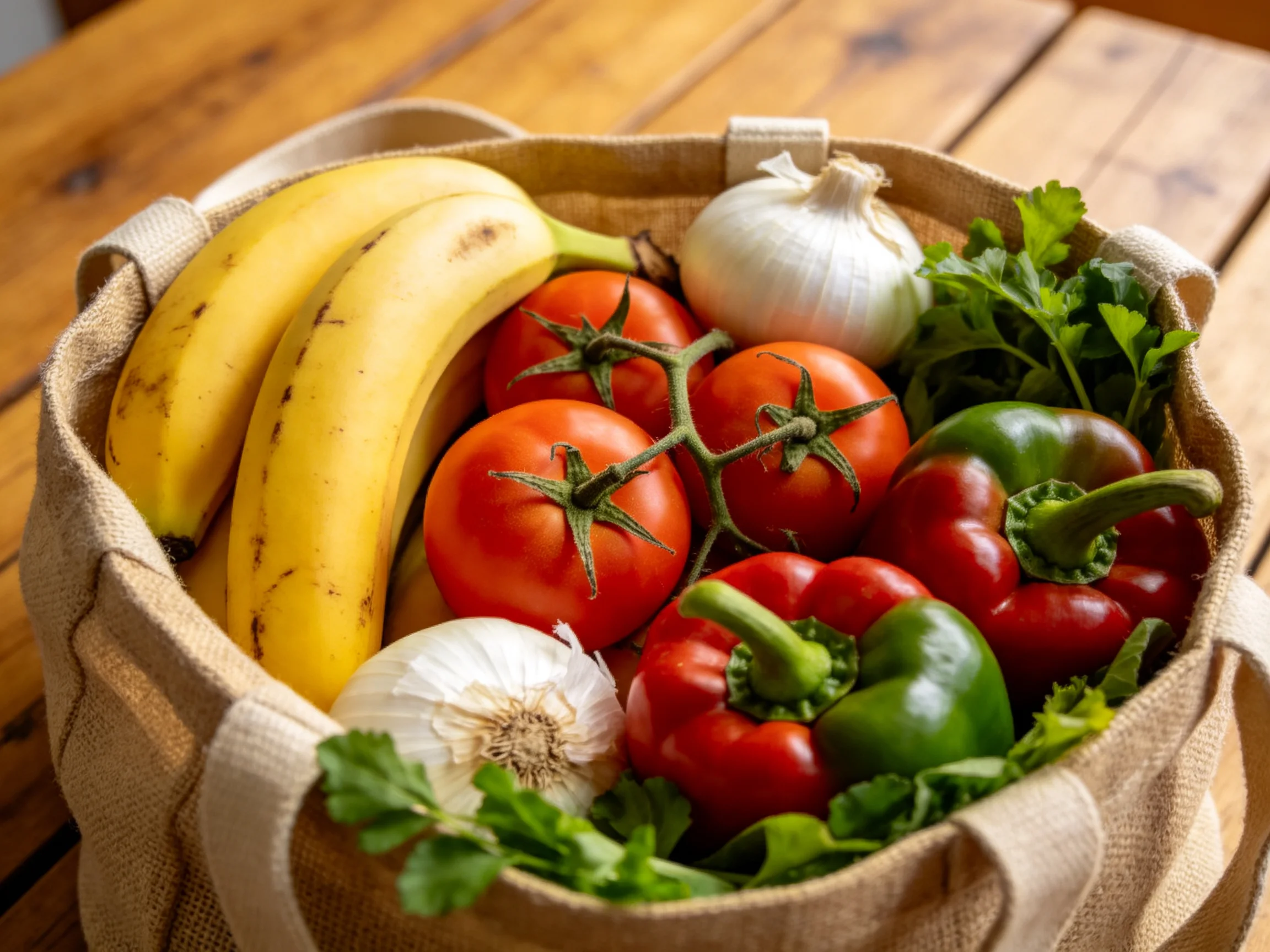 A burlap bag holds bananas, tomatoes, onions, bell peppers, and parsley