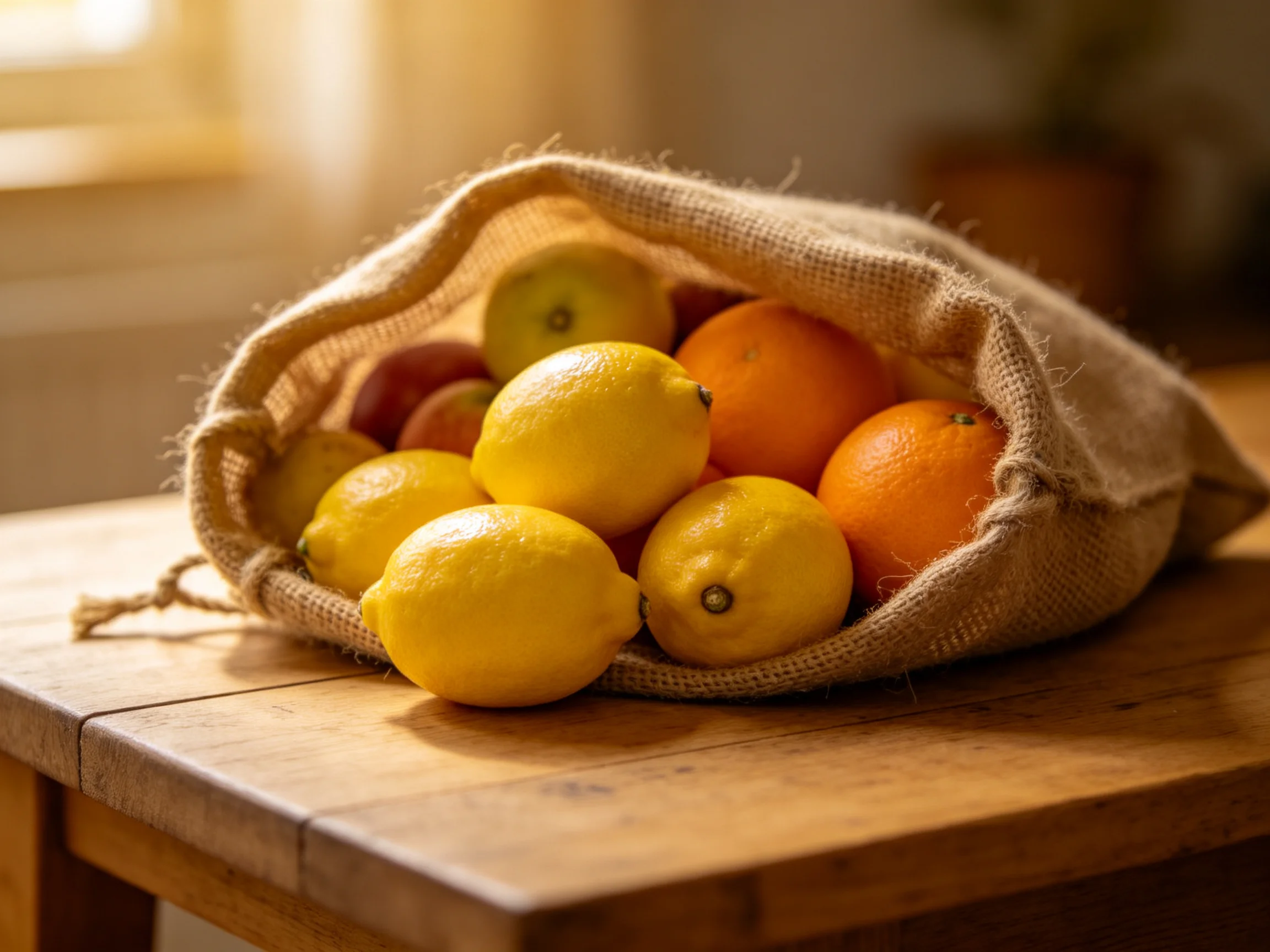A burlap sack holds yellow lemons, orange oranges, and mixed fruits
