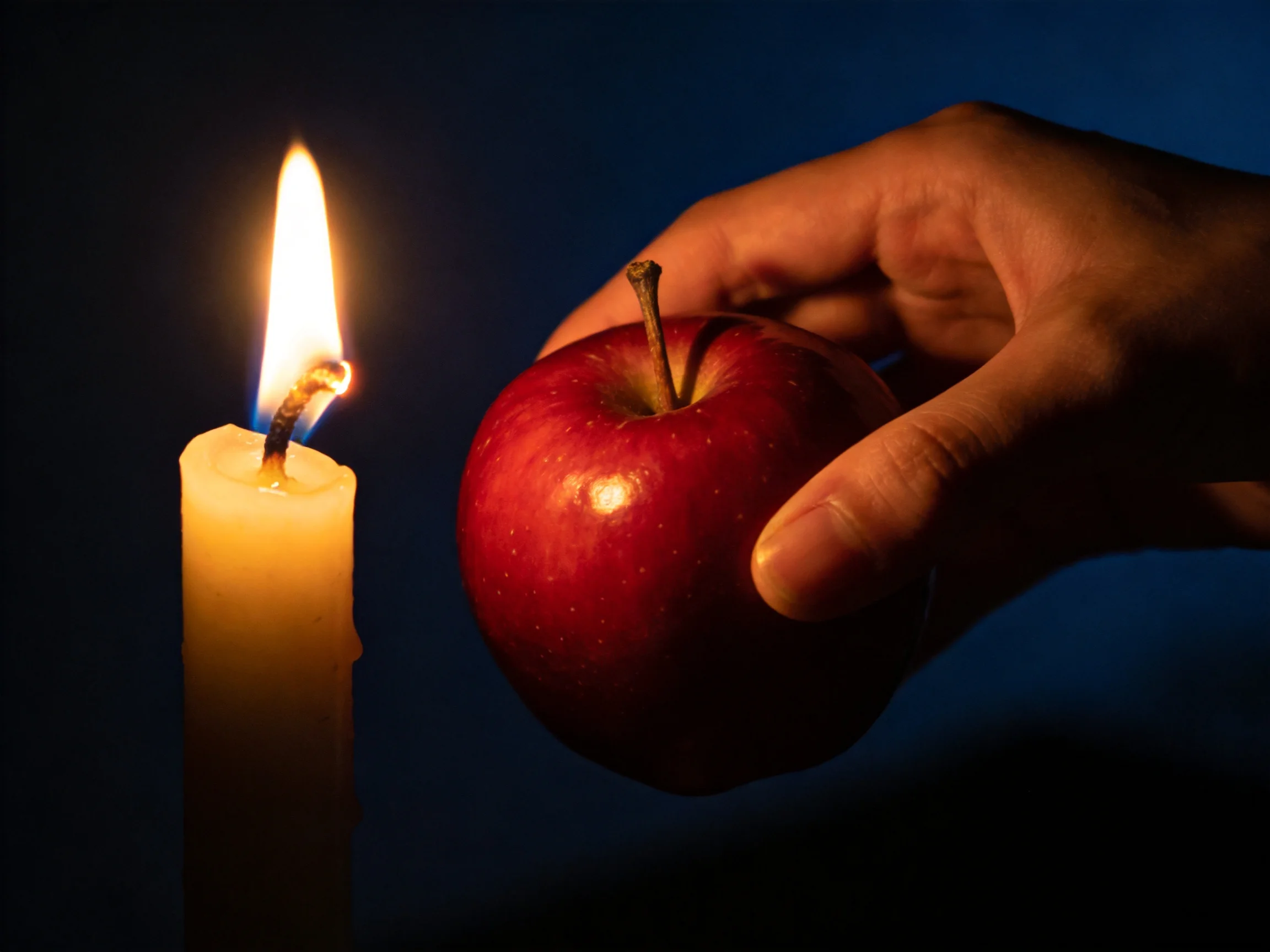 A burning candle beside a red apple held by a hand