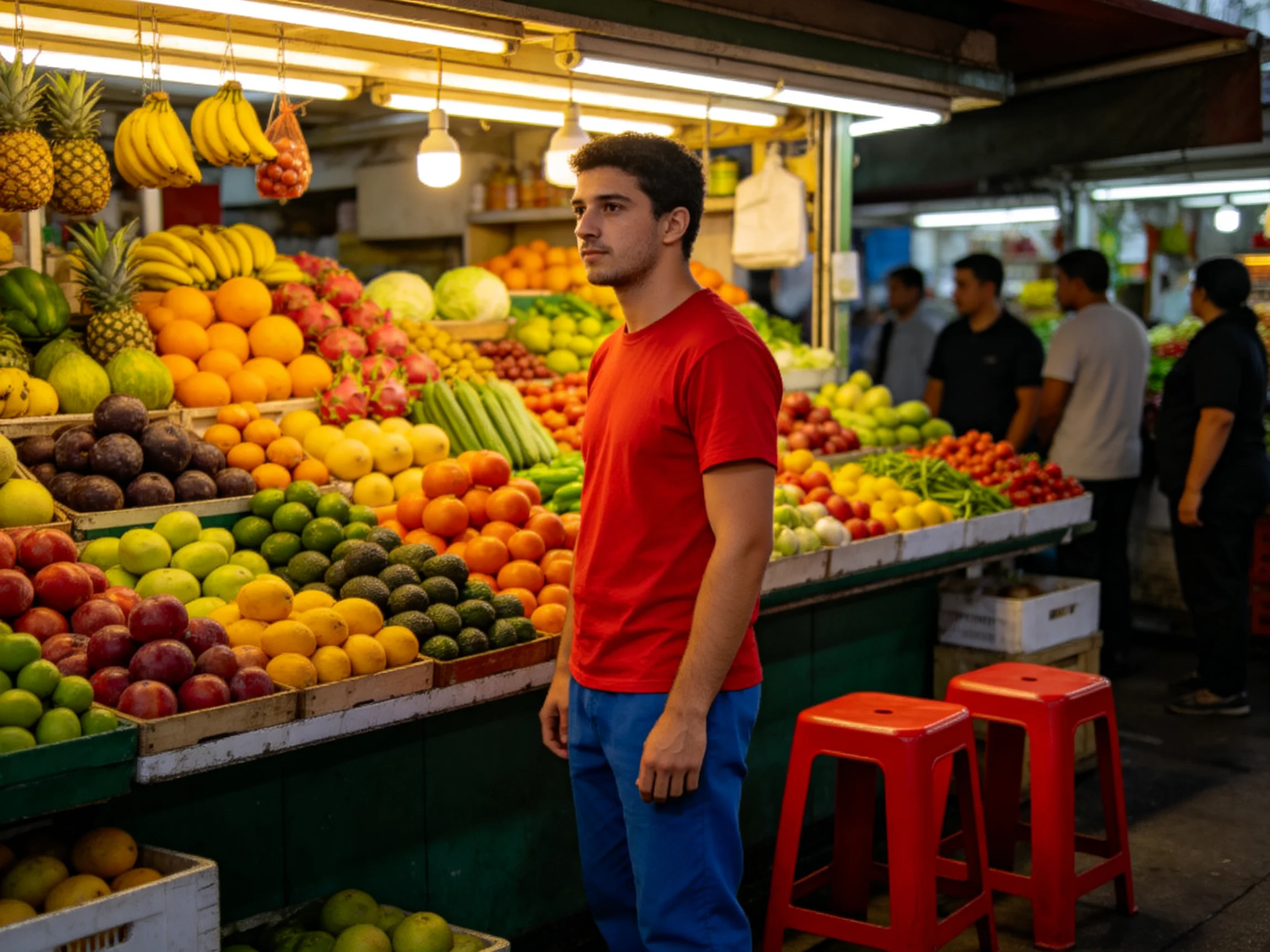 A bustling fruit market stall with diverse colorful fruits