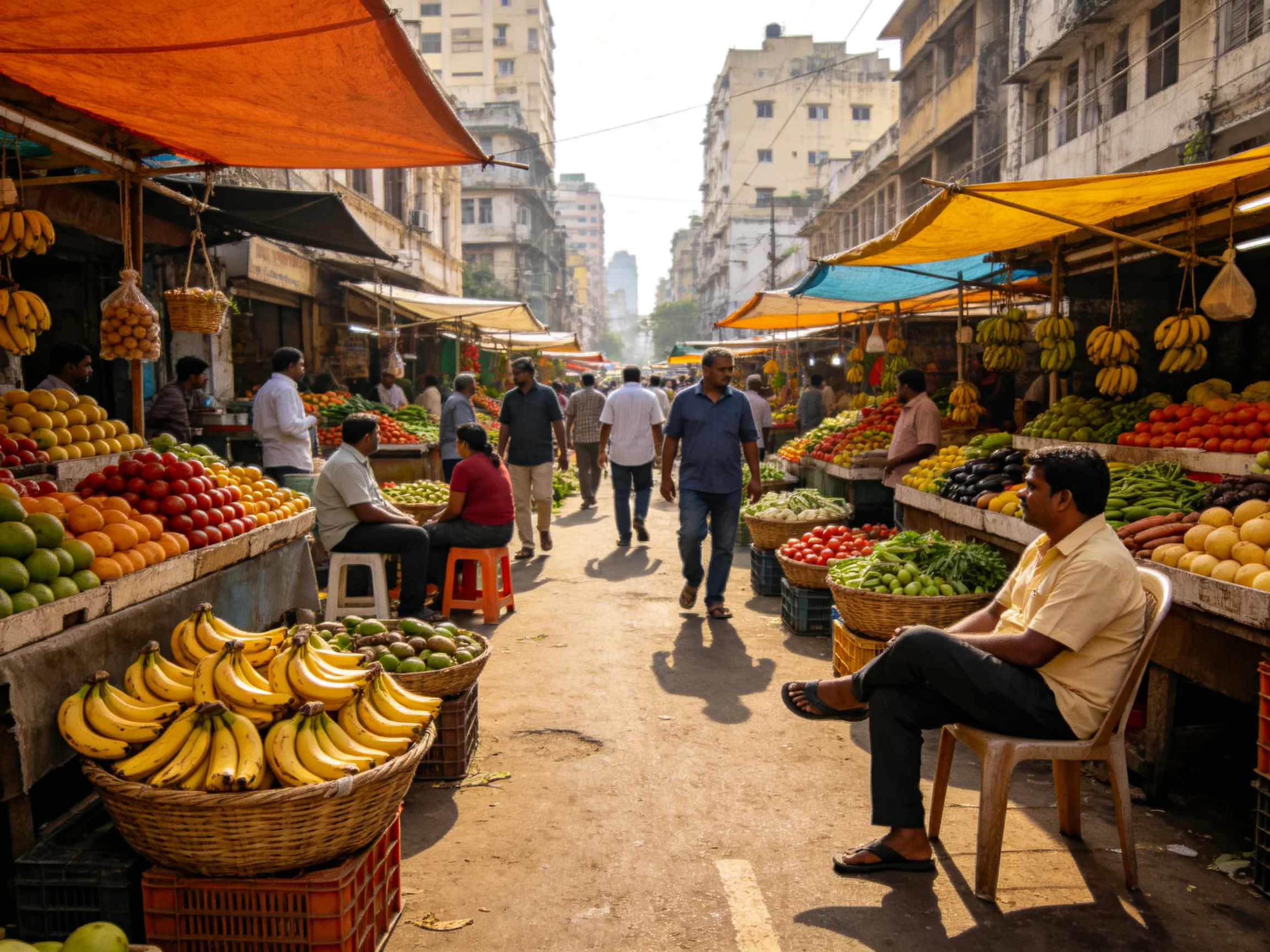 A bustling market street filled with colorful fruit stalls and shoppers