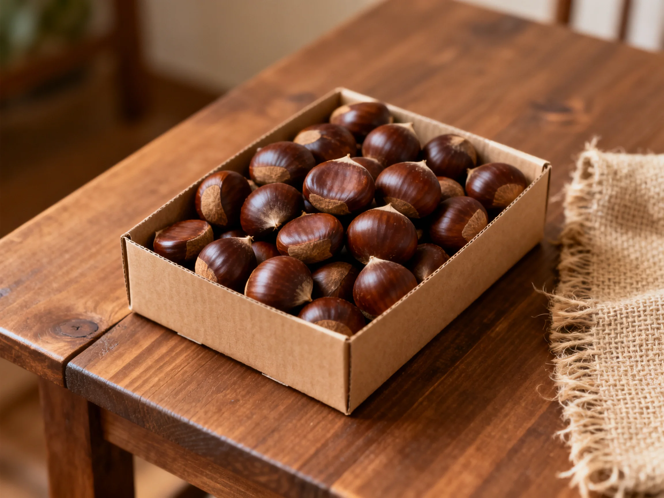 A cardboard box brimming with glossy brown chestnuts sits on a wooden table
