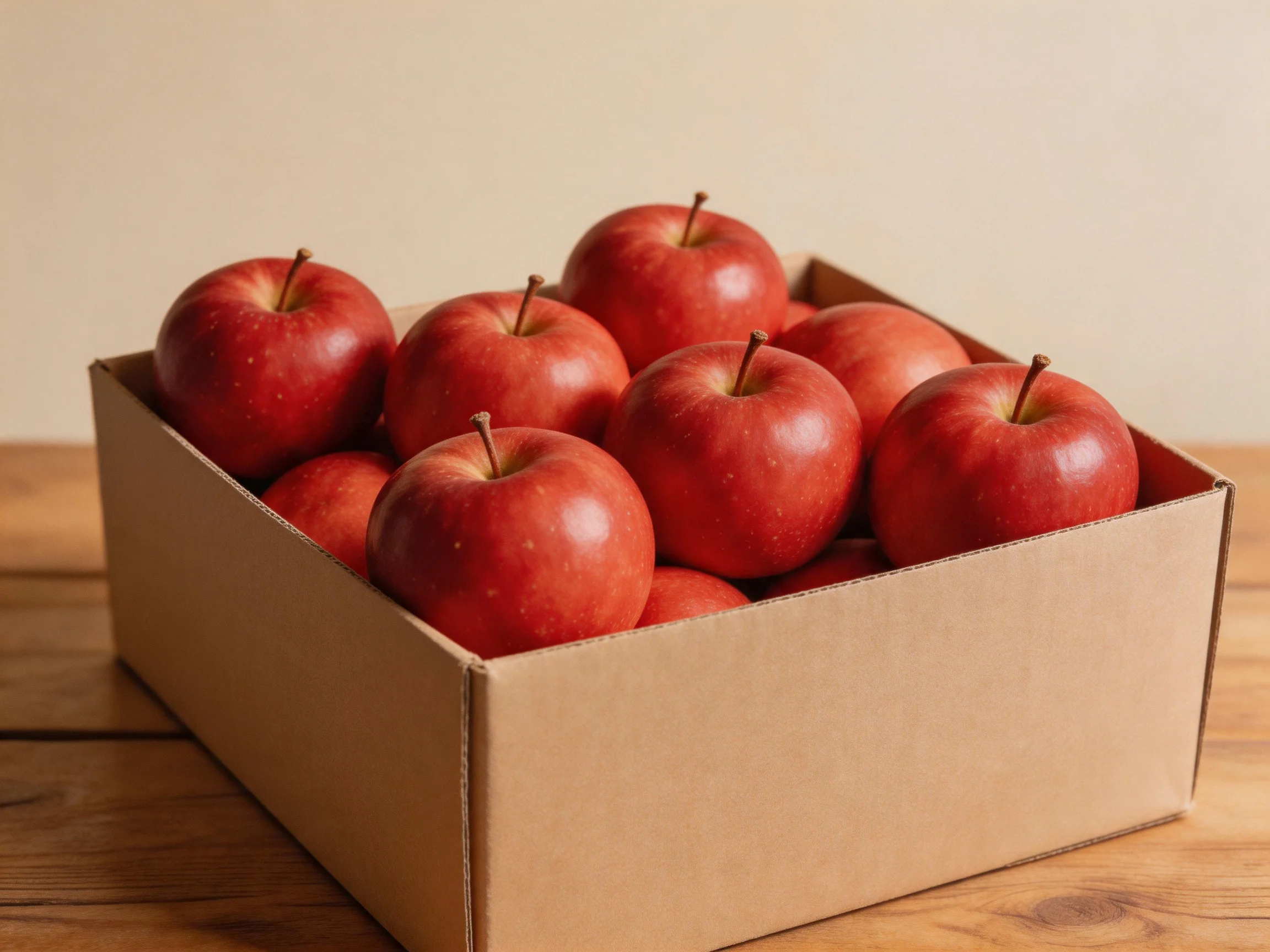 A cardboard box brimming with glossy red apples sits atop a wooden table.