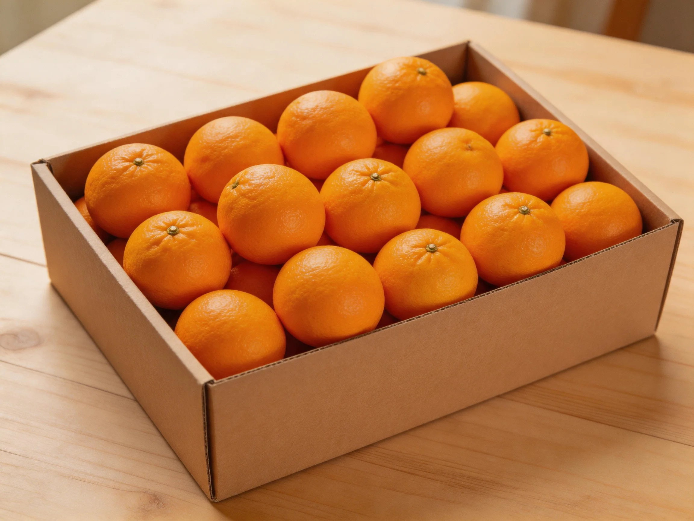 A cardboard box filled with bright orange citrus fruits