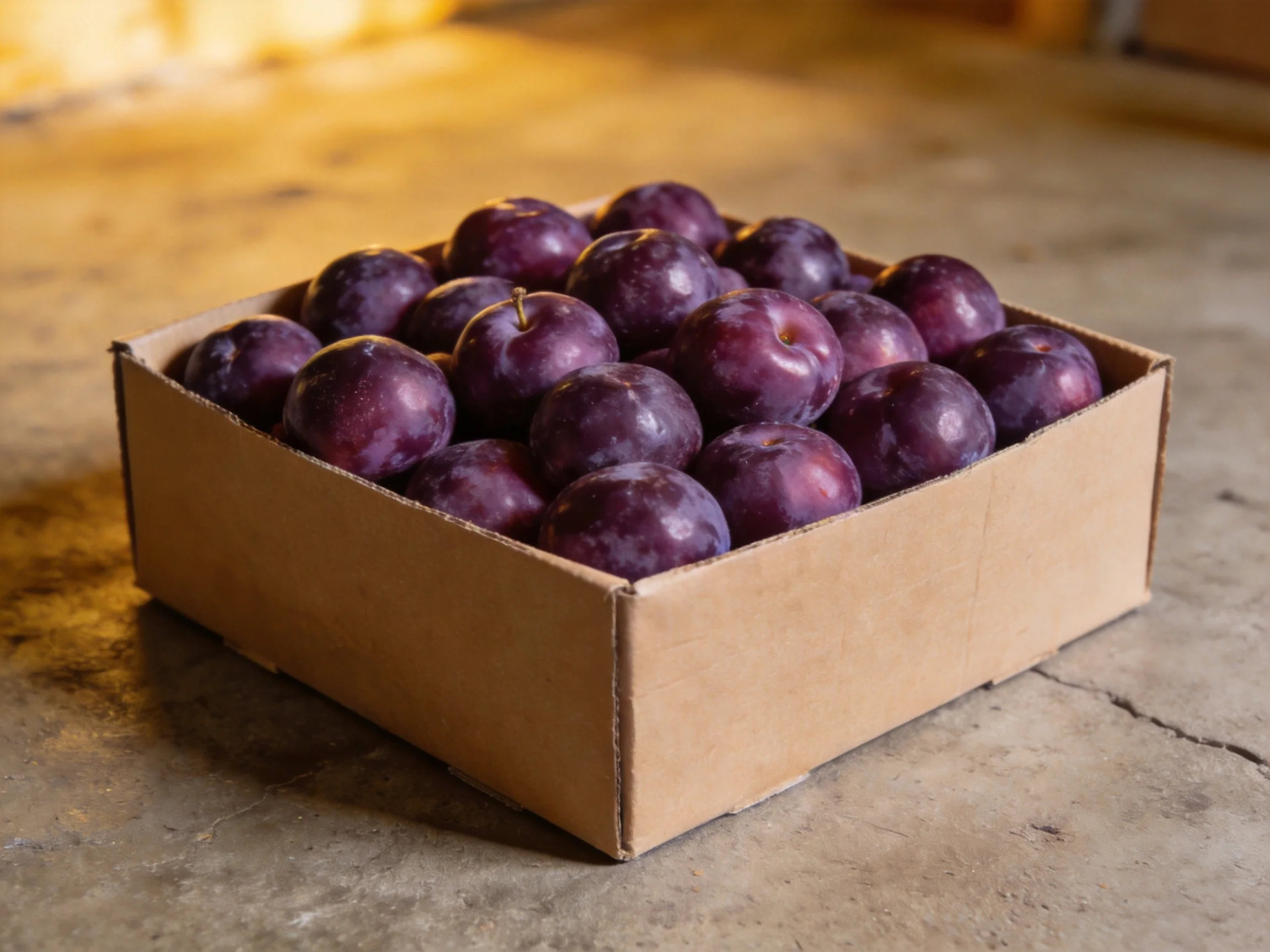 A cardboard box filled with dark purple plums on a concrete floor