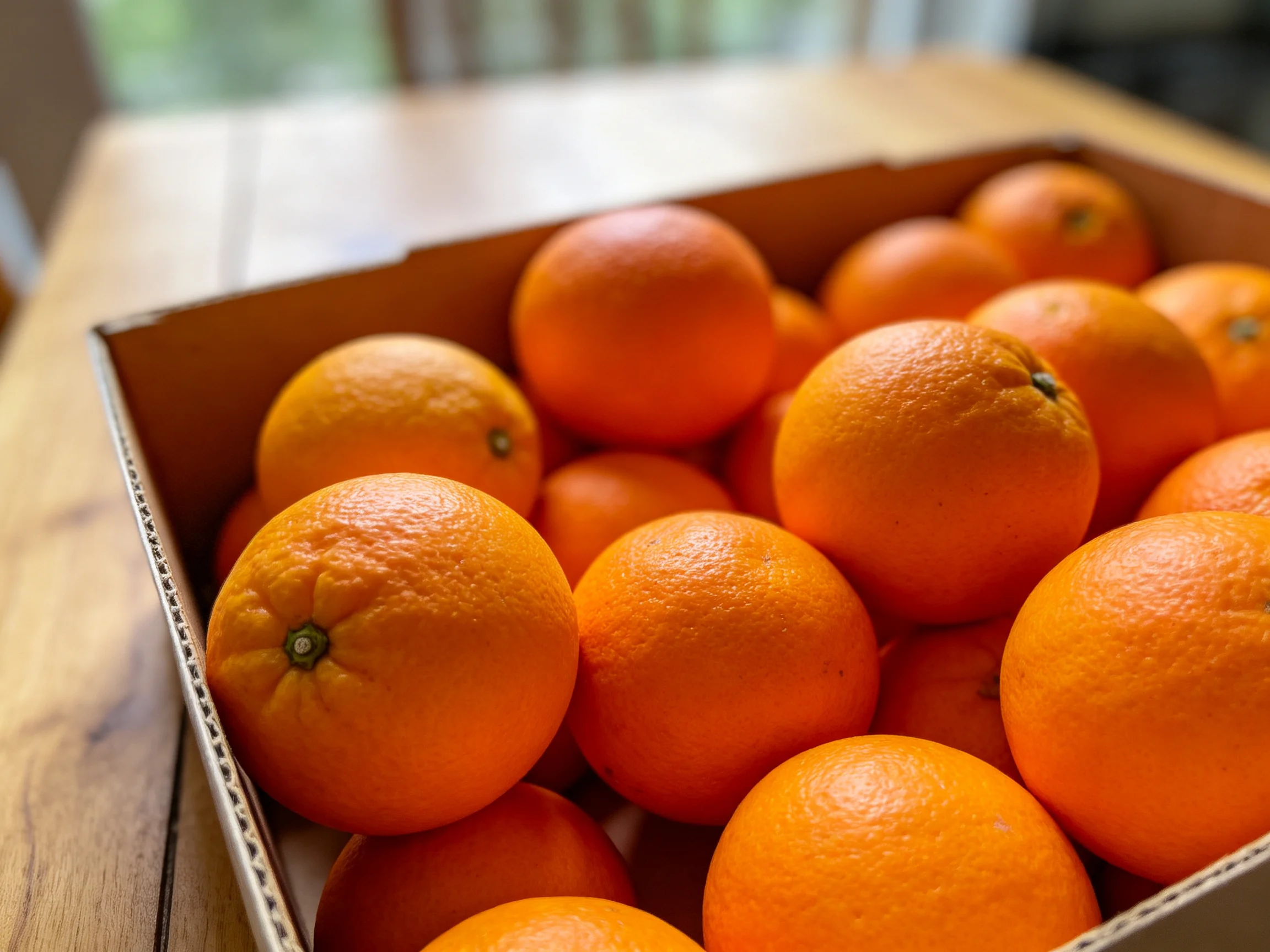 A cardboard box filled with numerous bright orange citrus fruits