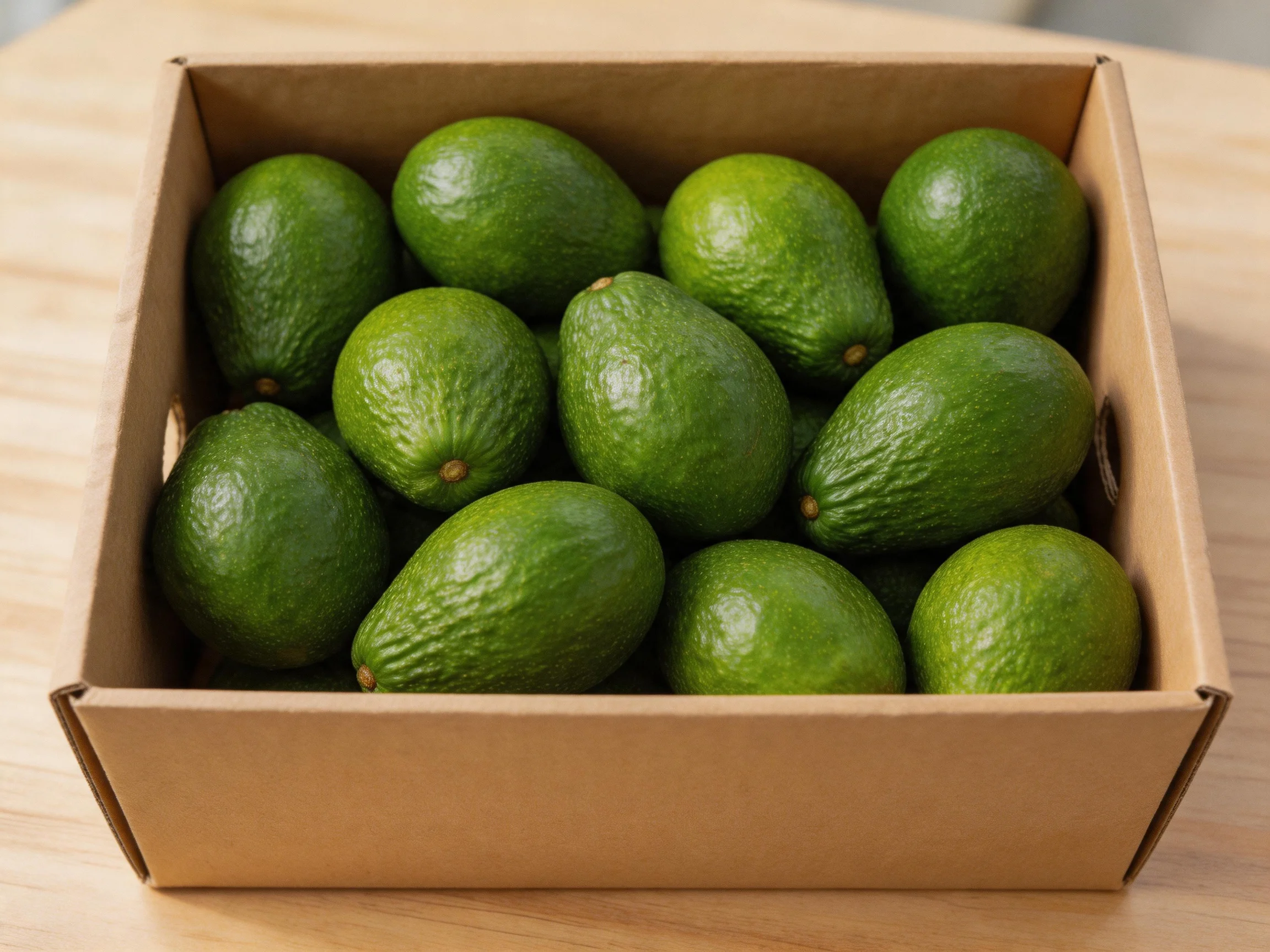 A cardboard box filled with numerous fresh green limes