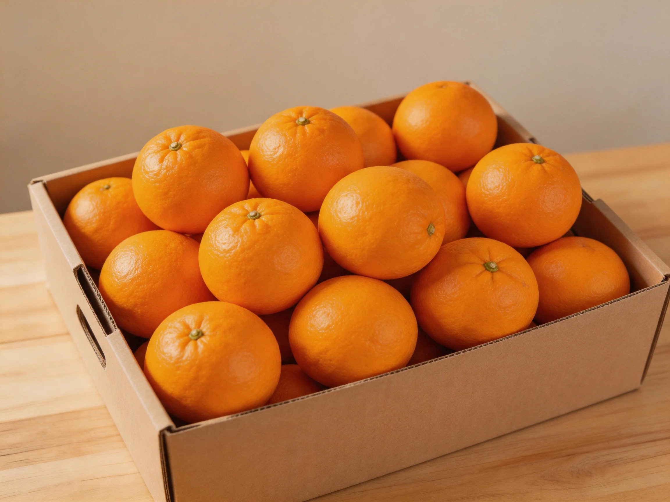 A cardboard box filled with numerous round orange citrus fruits
