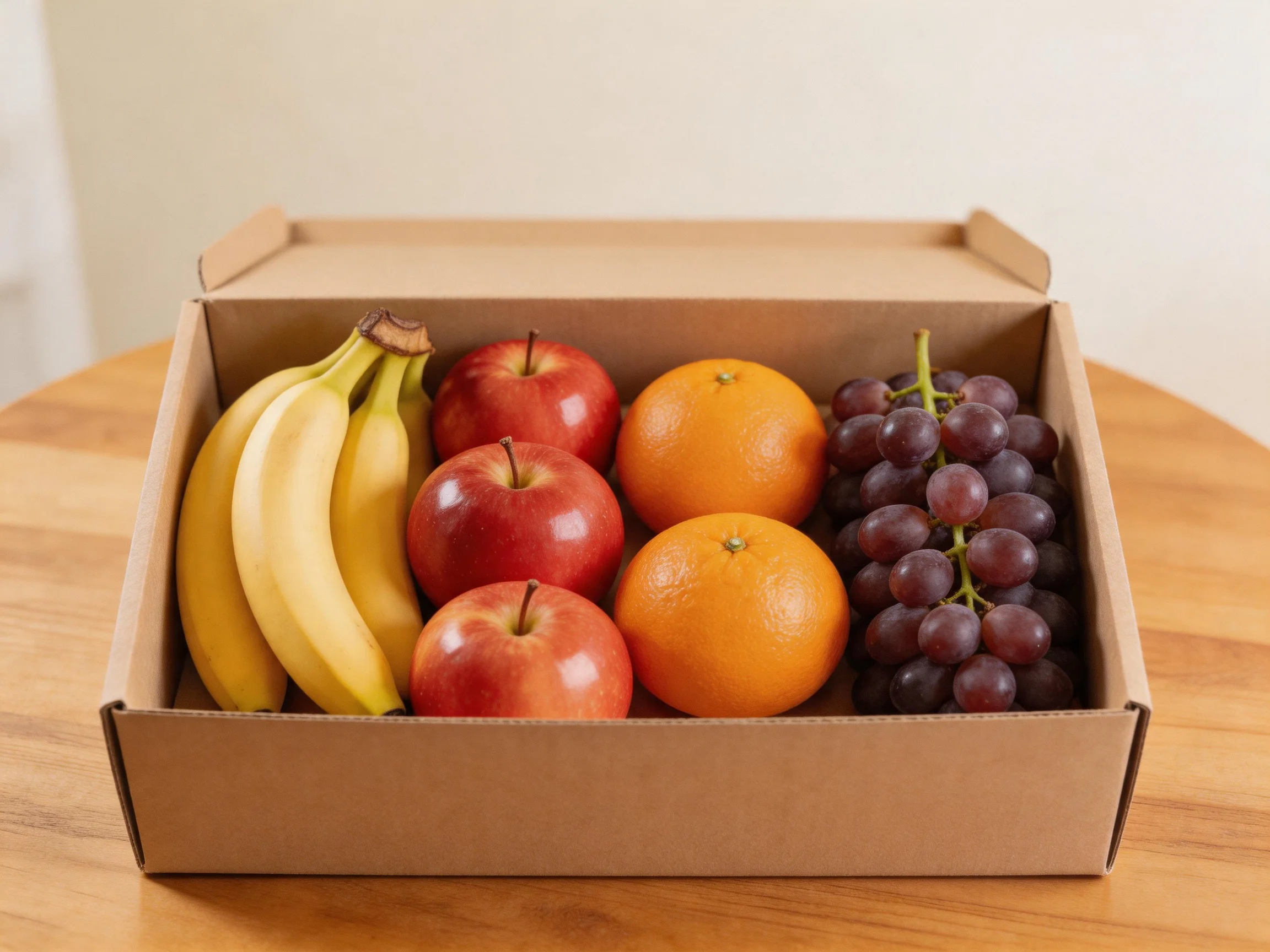 A cardboard box holds bananas, red apples, oranges, and grapes