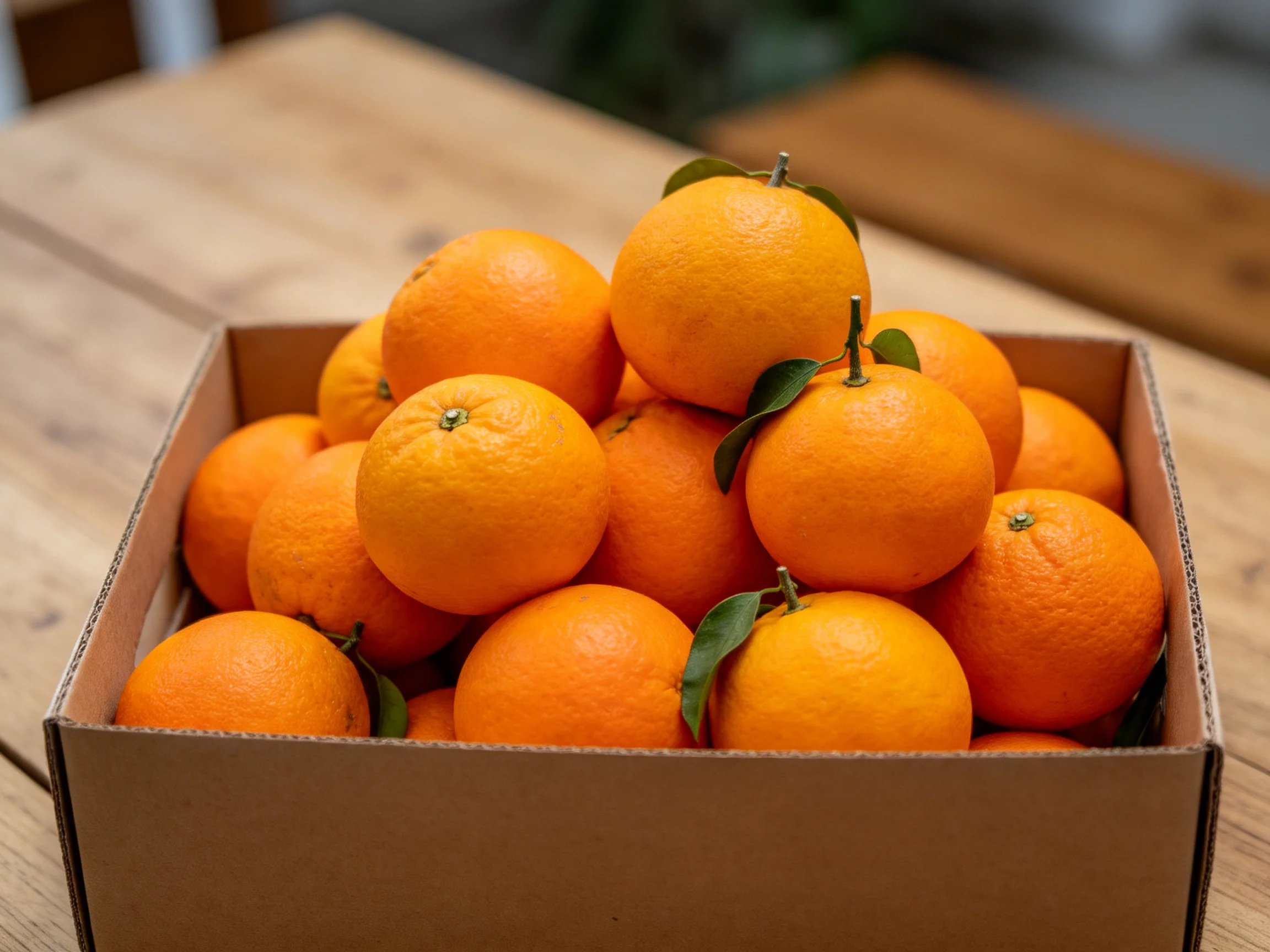 A cardboard box overflowing with vibrant orange citrus fruits with green stems