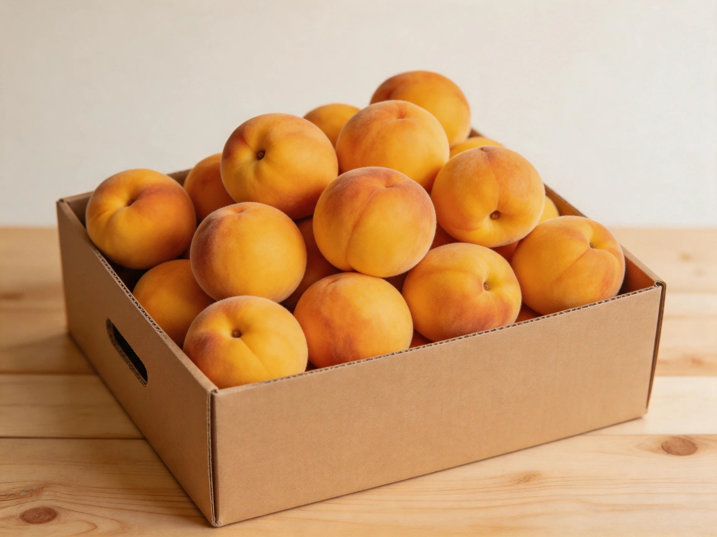 A cardboard box packed with numerous golden-orange peaches