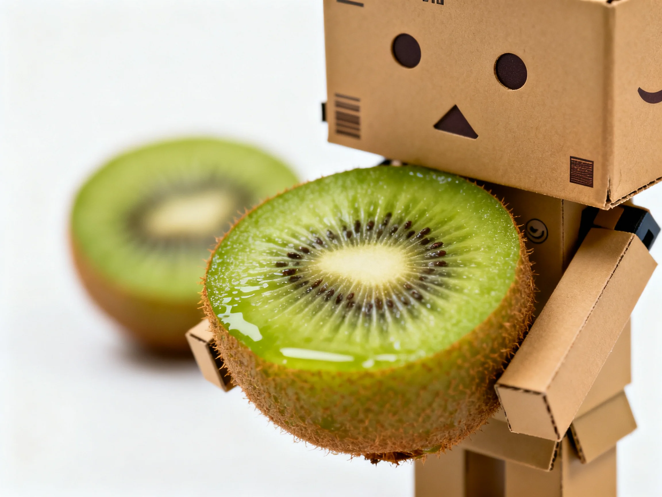 A cardboard robot holds a sliced green kiwi beside a whole kiwi