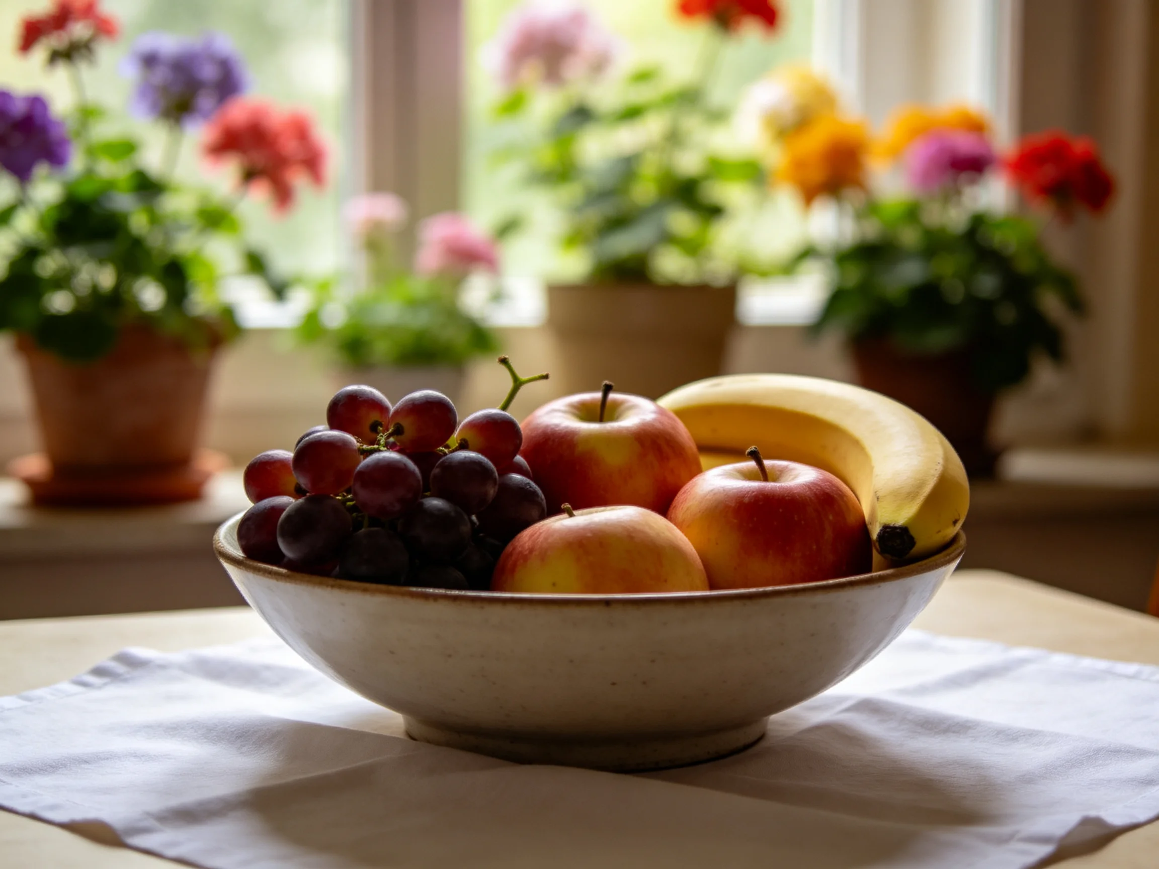 A ceramic bowl contains grapes, apples, and bananas next to colorful flower pots