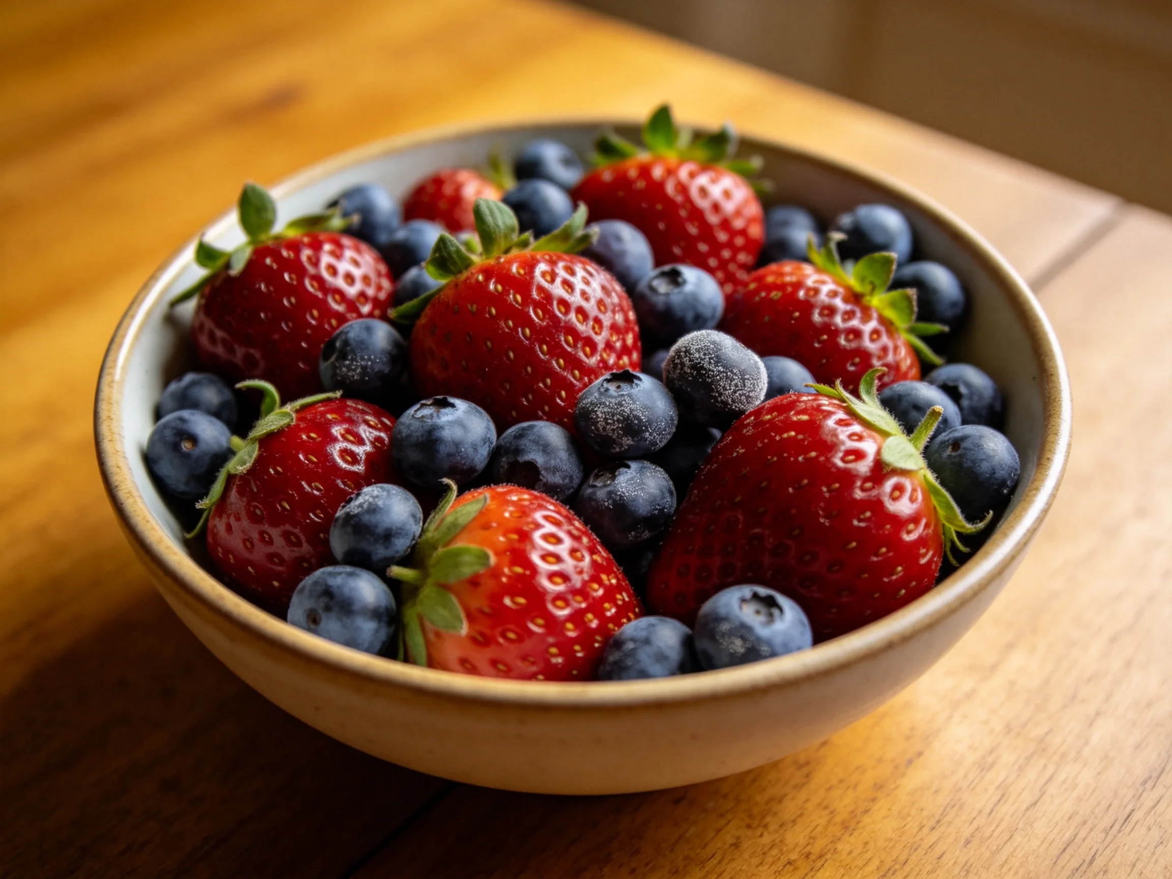 A ceramic bowl filled with ripe strawberries and blueberries