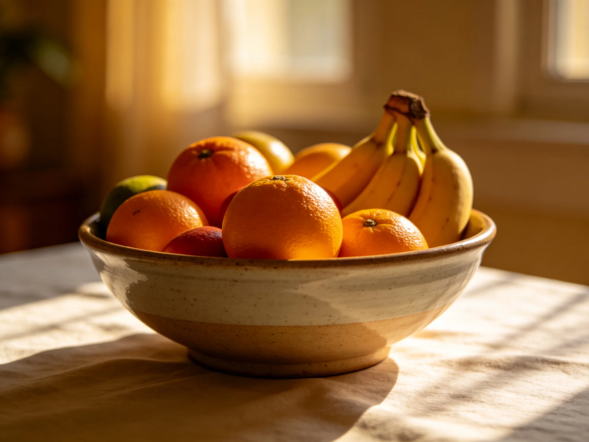 A ceramic bowl filled with vibrant citrus and bananas under warm sunlight