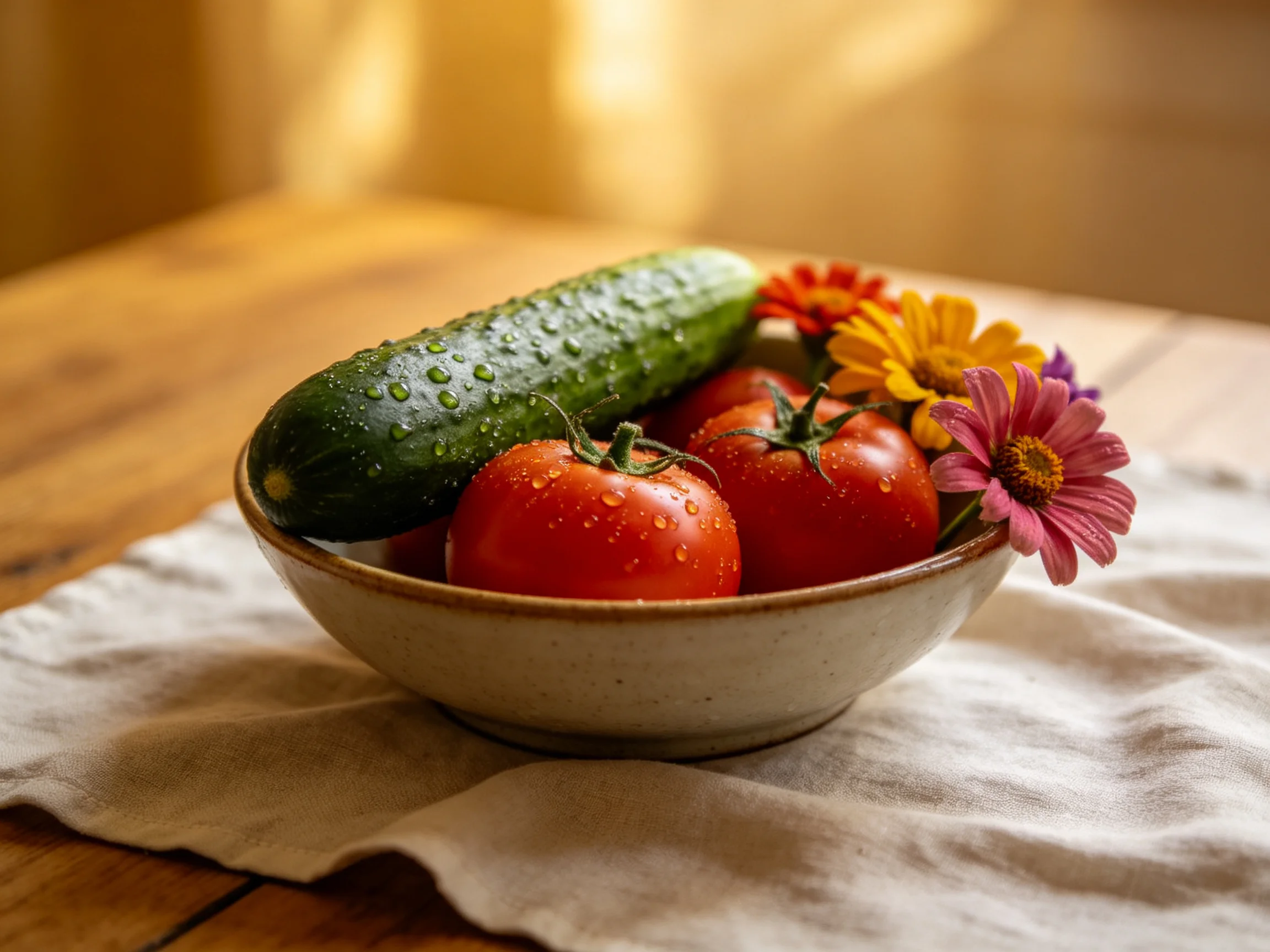 A ceramic bowl holds a cucumber, tomatoes, and colorful flowers on a cloth
