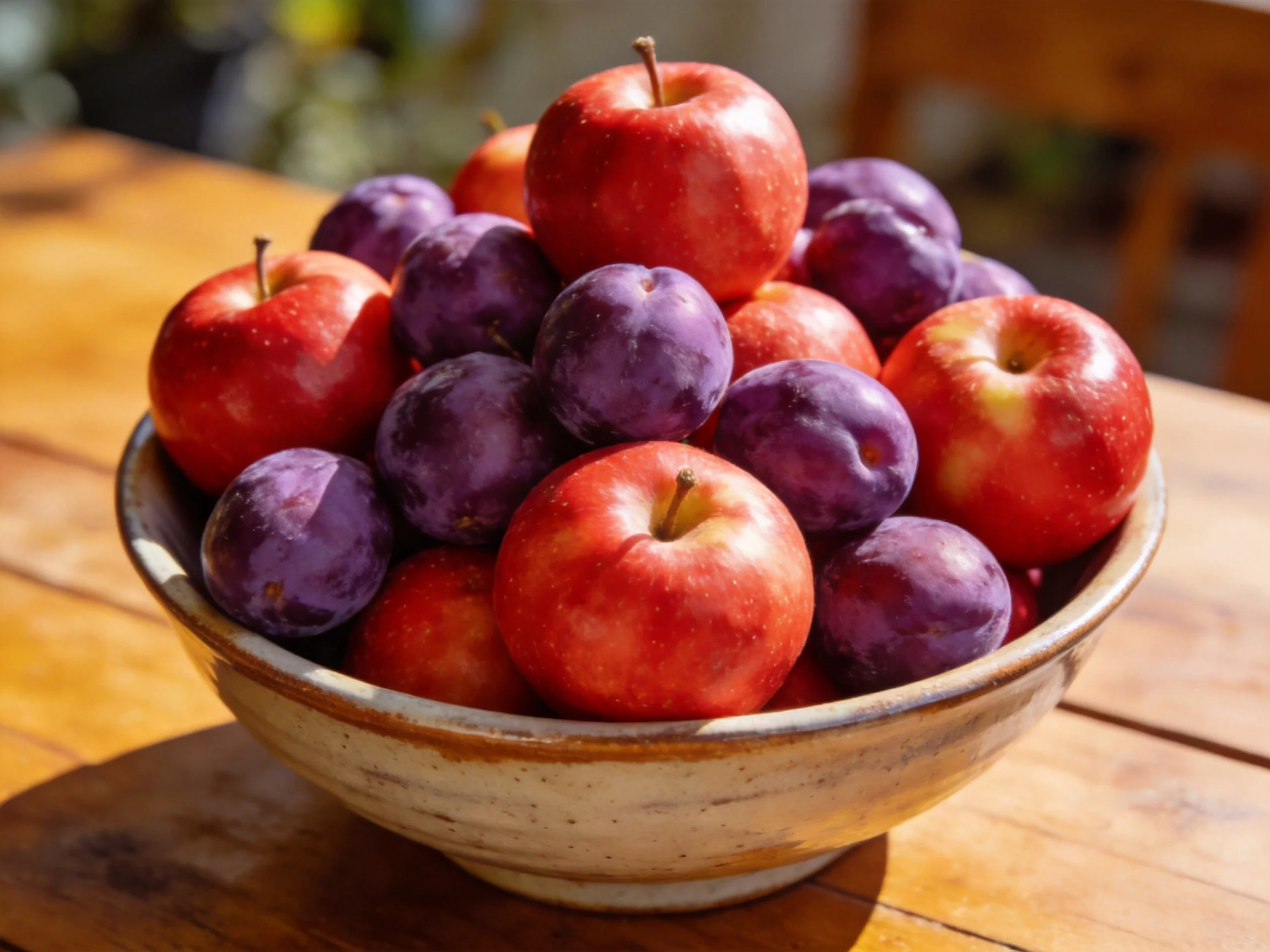 A ceramic bowl holds red apples and purple plums on a wooden table