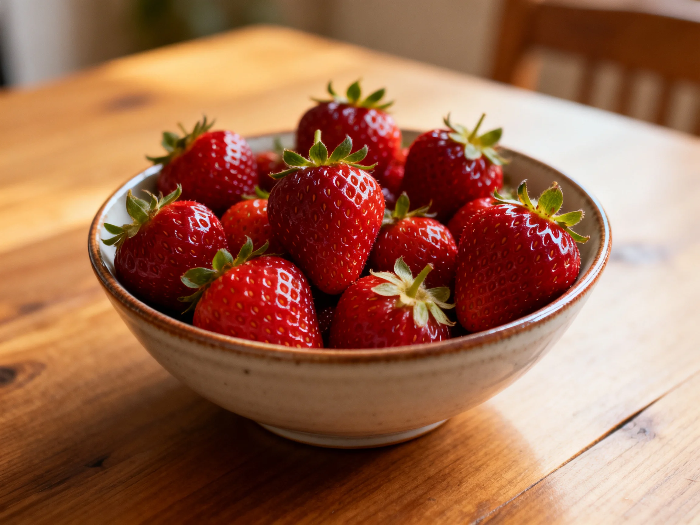 A ceramic bowl overflowing with ripe red strawberries on a wooden table