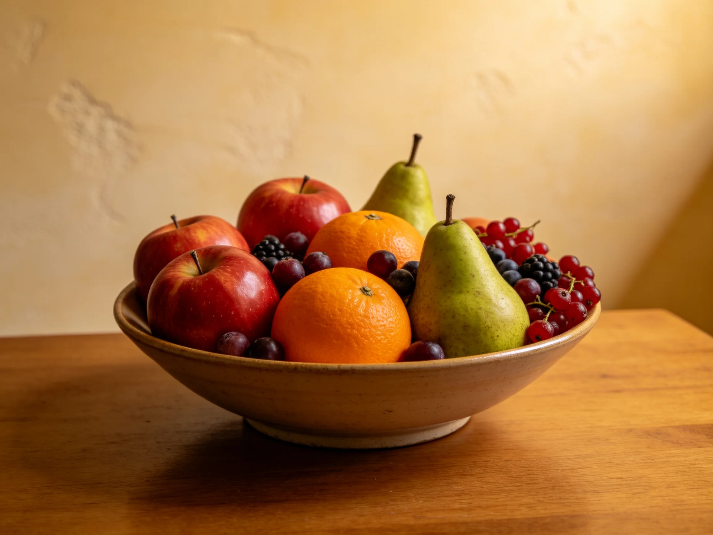 A ceramic bowl with assorted fruits on a wooden table