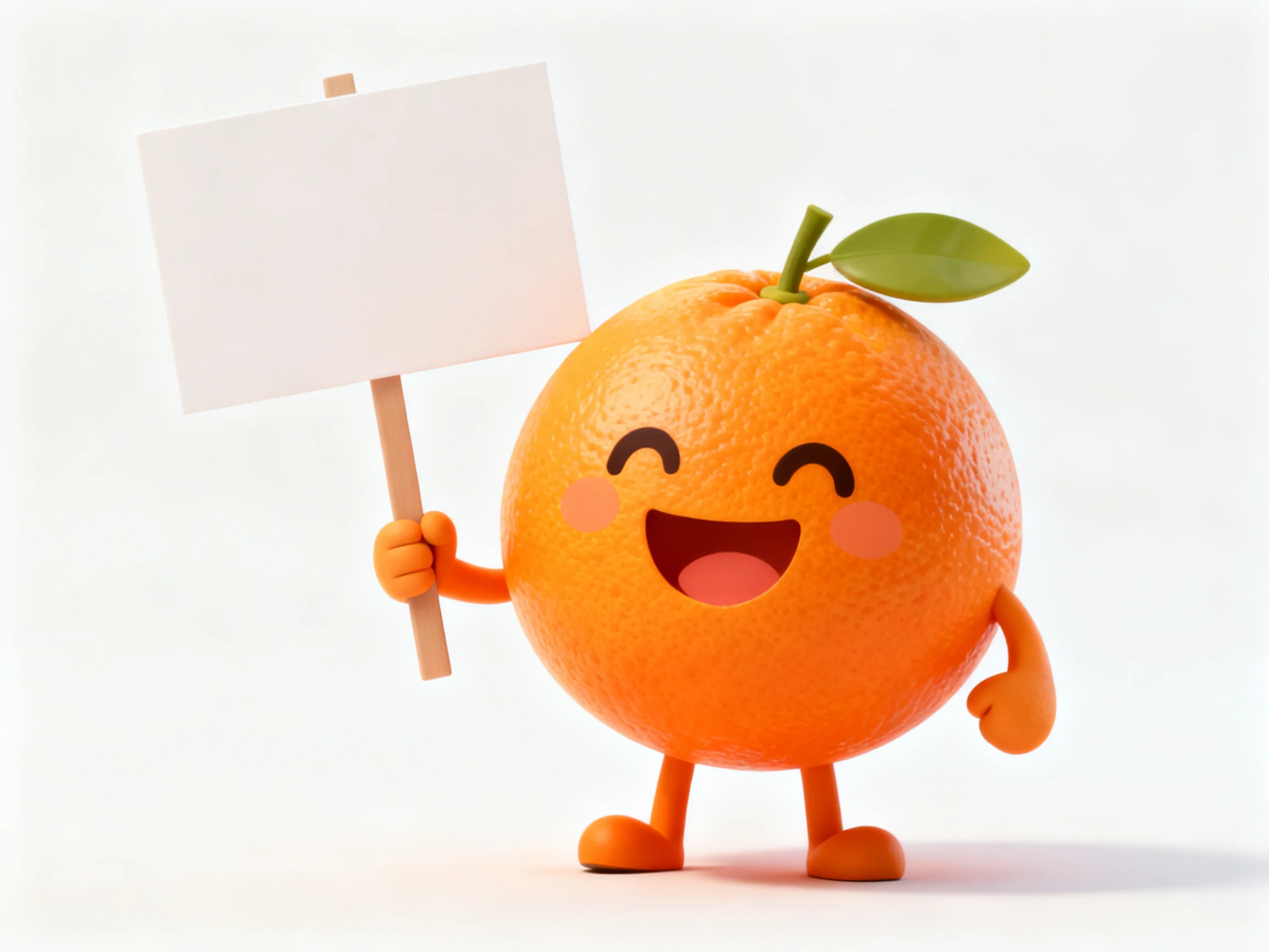 A cheerful anthropomorphic orange holds a blank white signboard