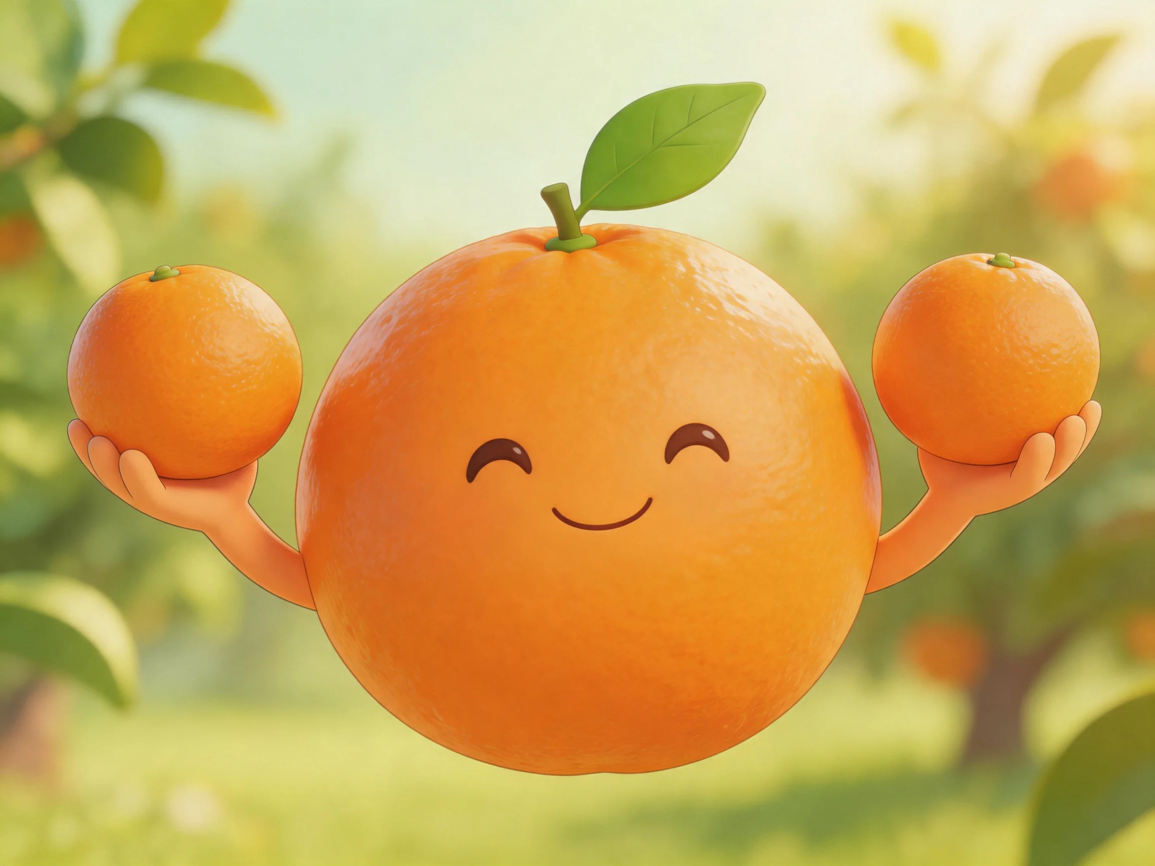 A cheerful anthropomorphic orange holds two small oranges in a sunlit orchard