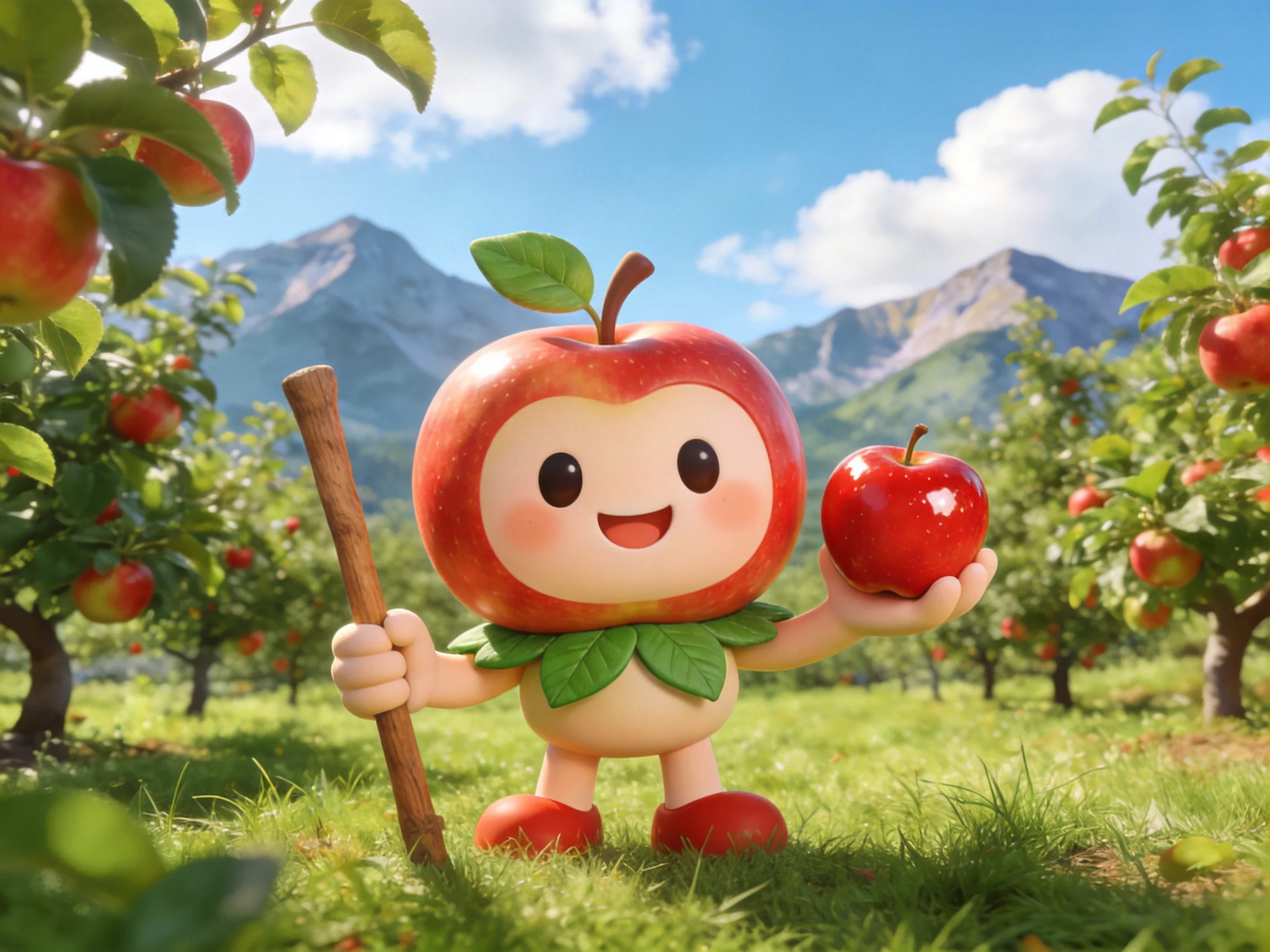 A cheerful apple mascot in a sun-drenched orchard near mountains