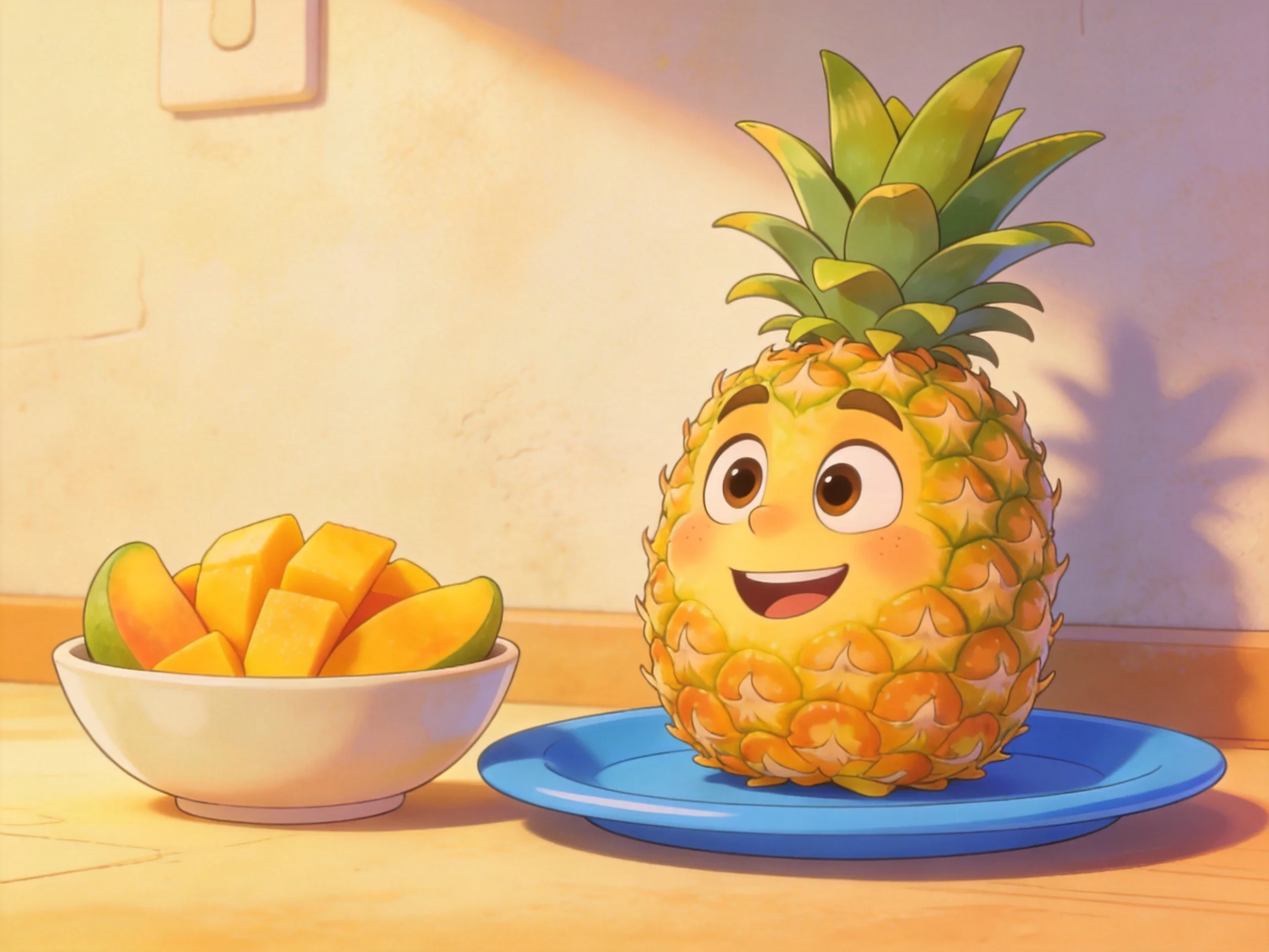 A cheerful cartoon pineapple sits beside a bowl of sliced mangoes