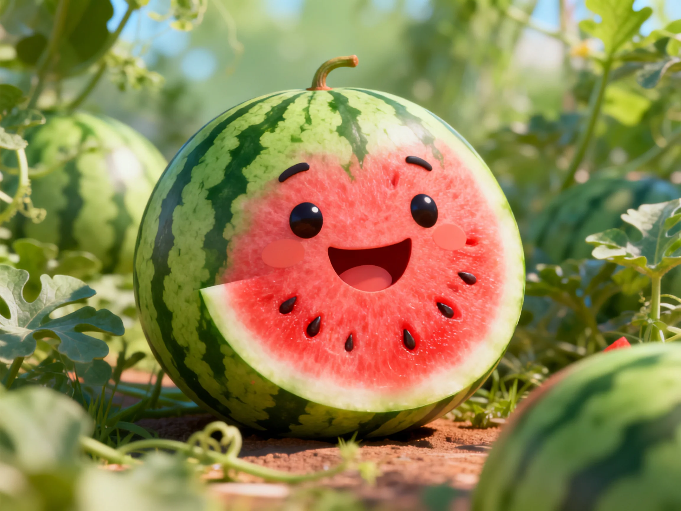 A cheerful cartoon watermelon with green stripes in a sunny field