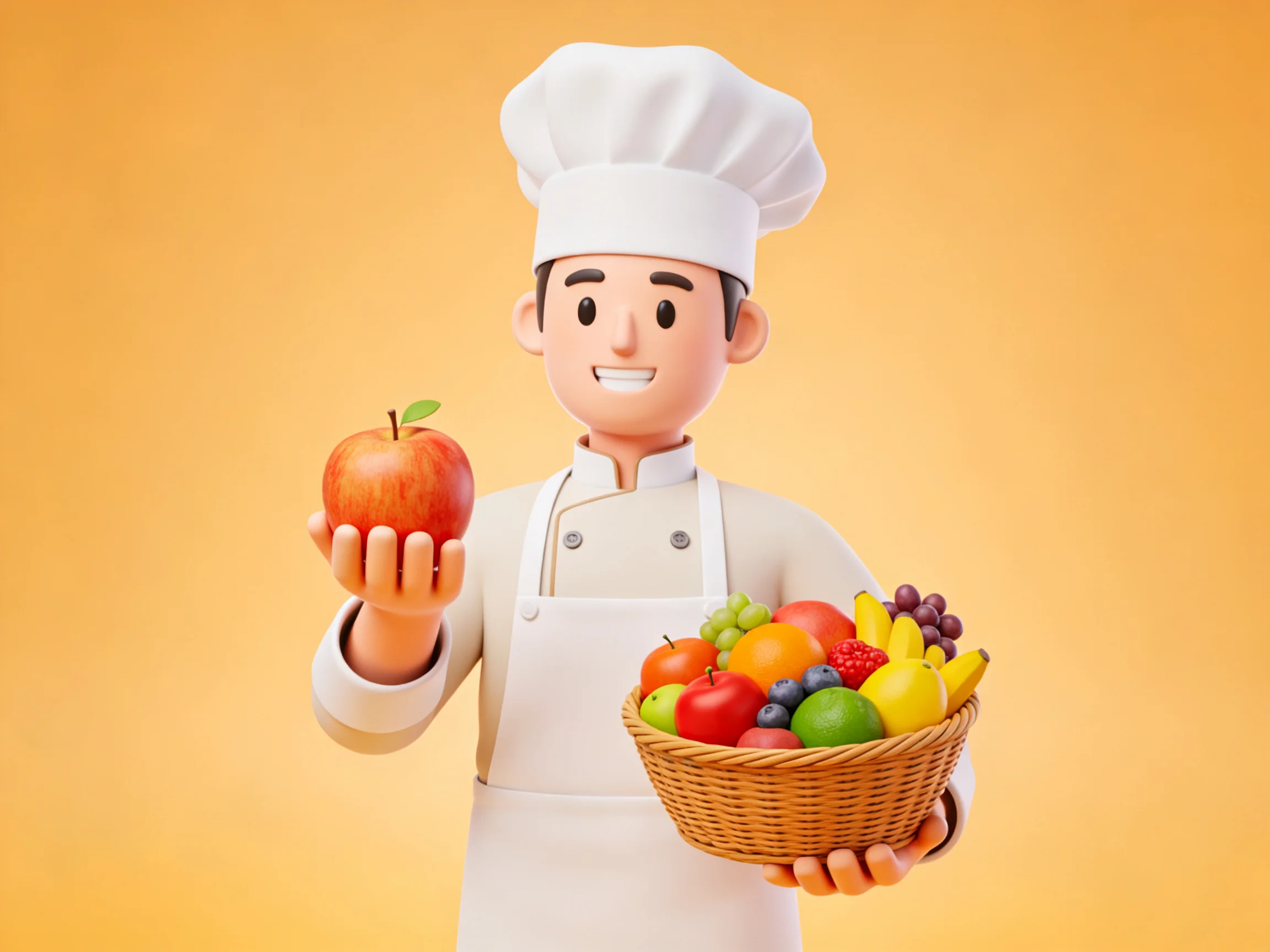 A cheerful chef holds an apple beside a basket of vibrant fruits