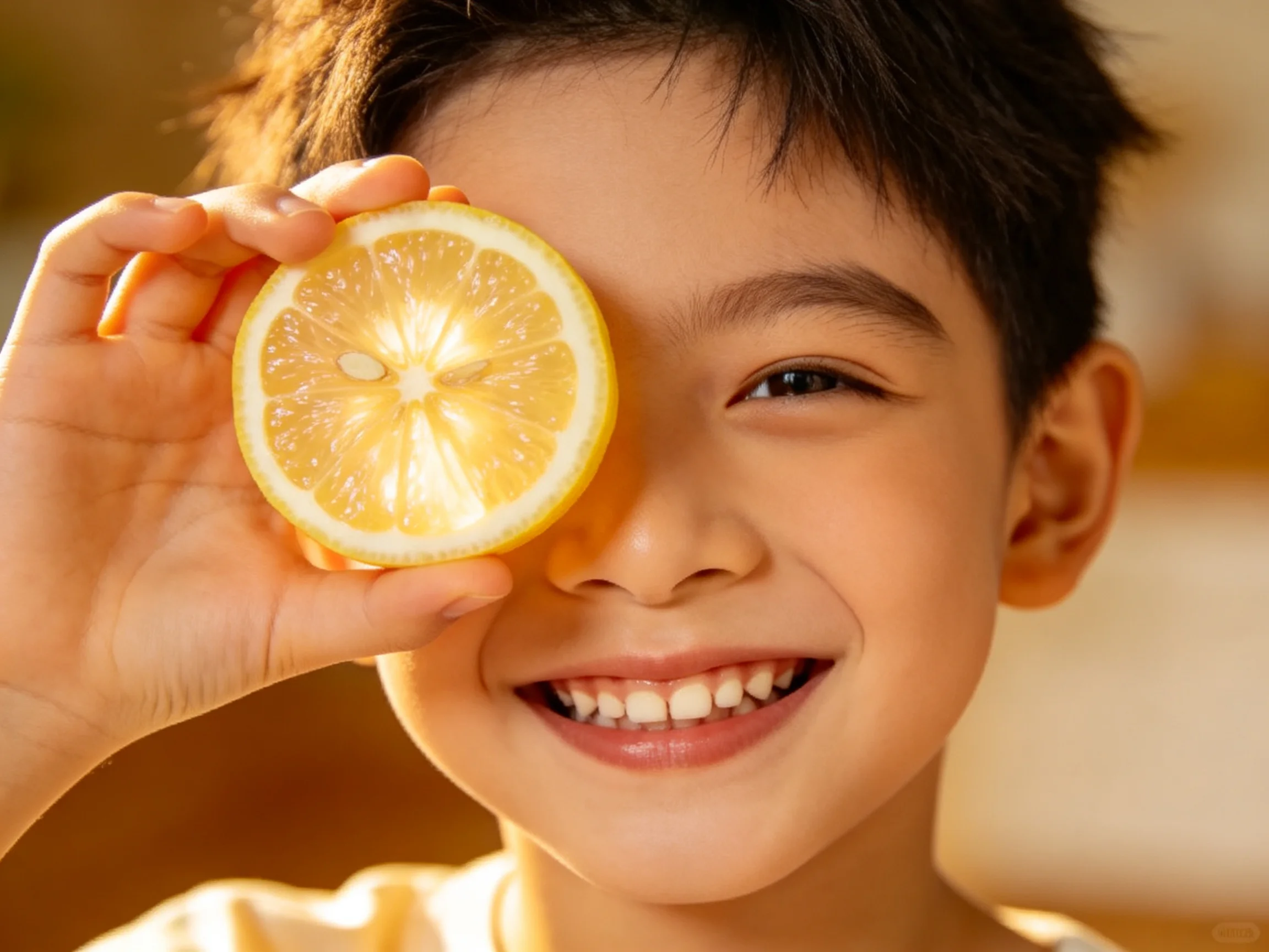 A cheerful child holds a bright lemon slice near their eye