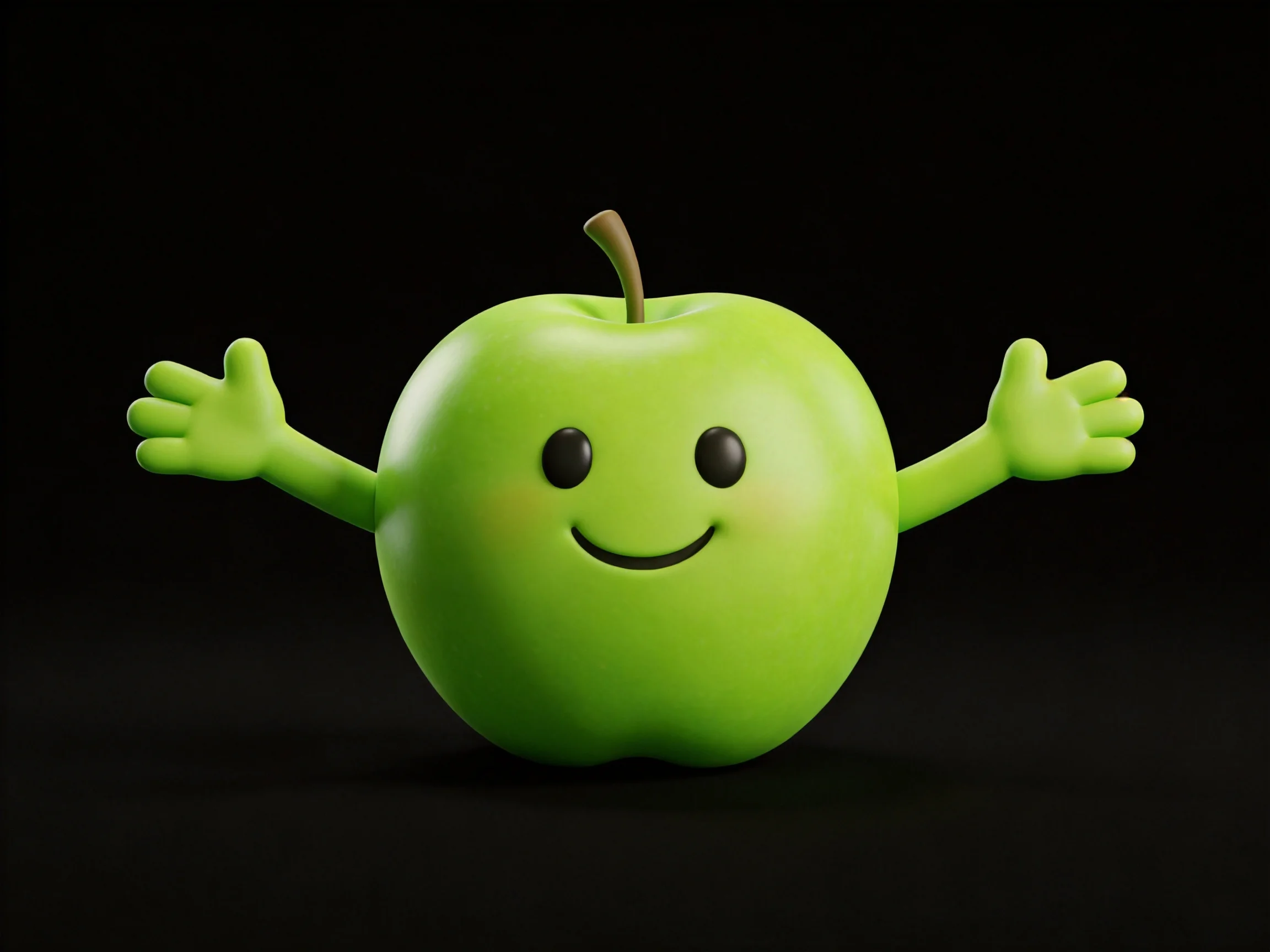 A cheerful green cartoon apple with outstretched arms on black background