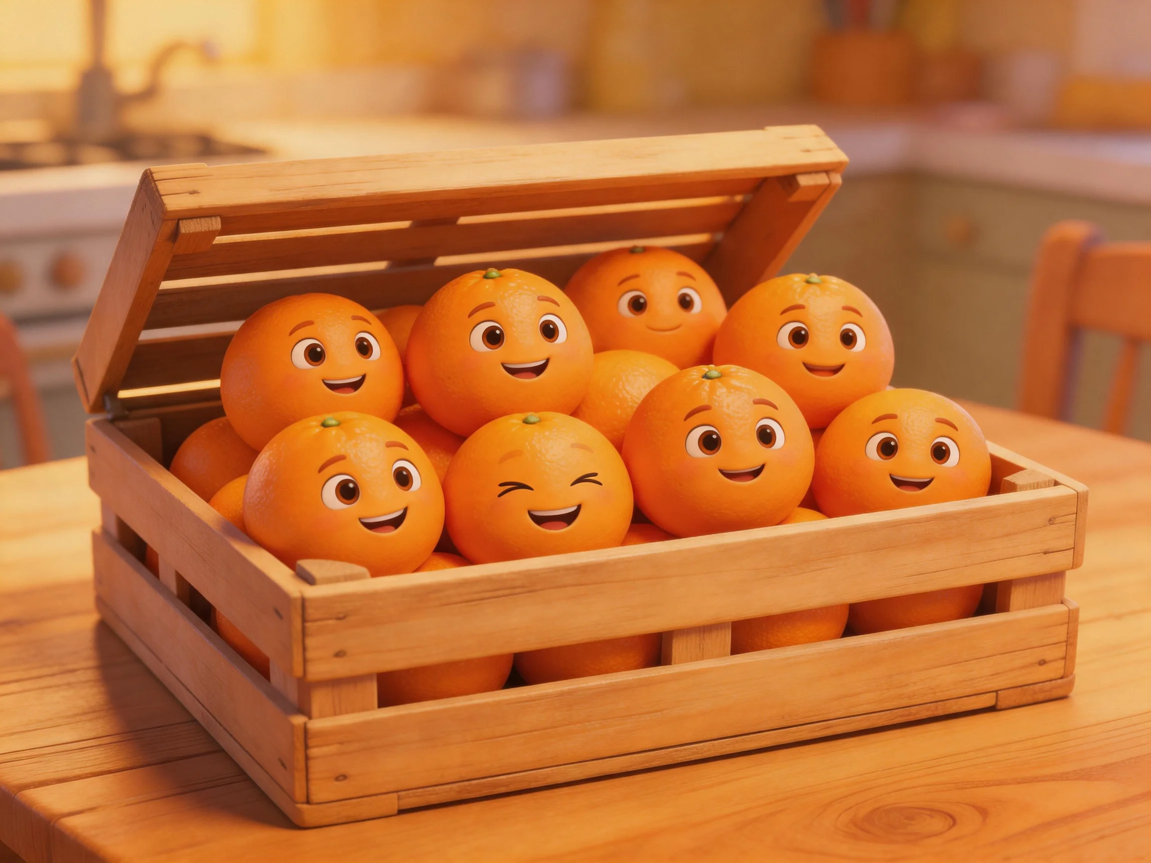 A cheerful group of cartoon oranges in an open wooden crate
