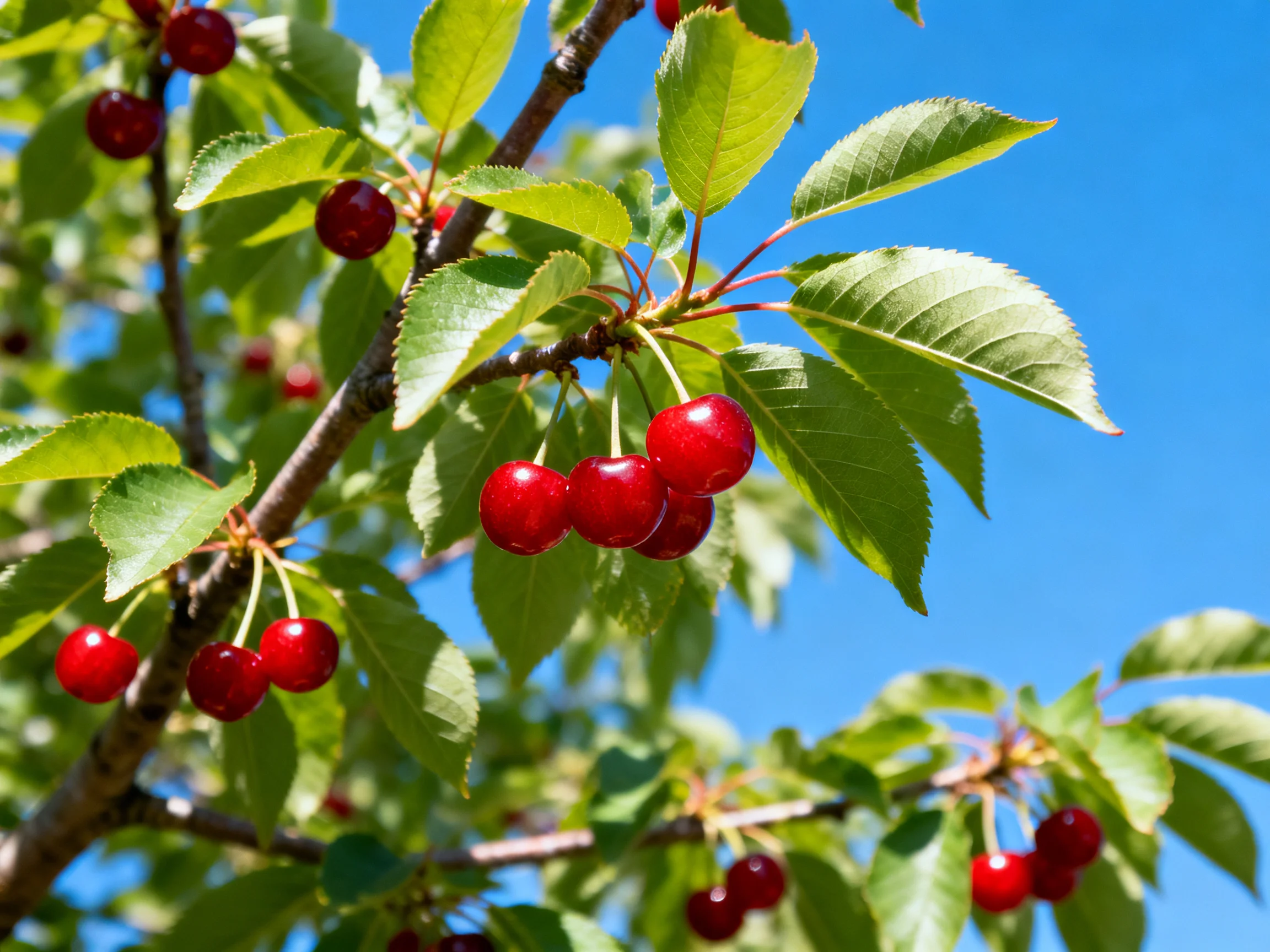 A cherry tree laden with vibrant red cherries against a clear blue sky
