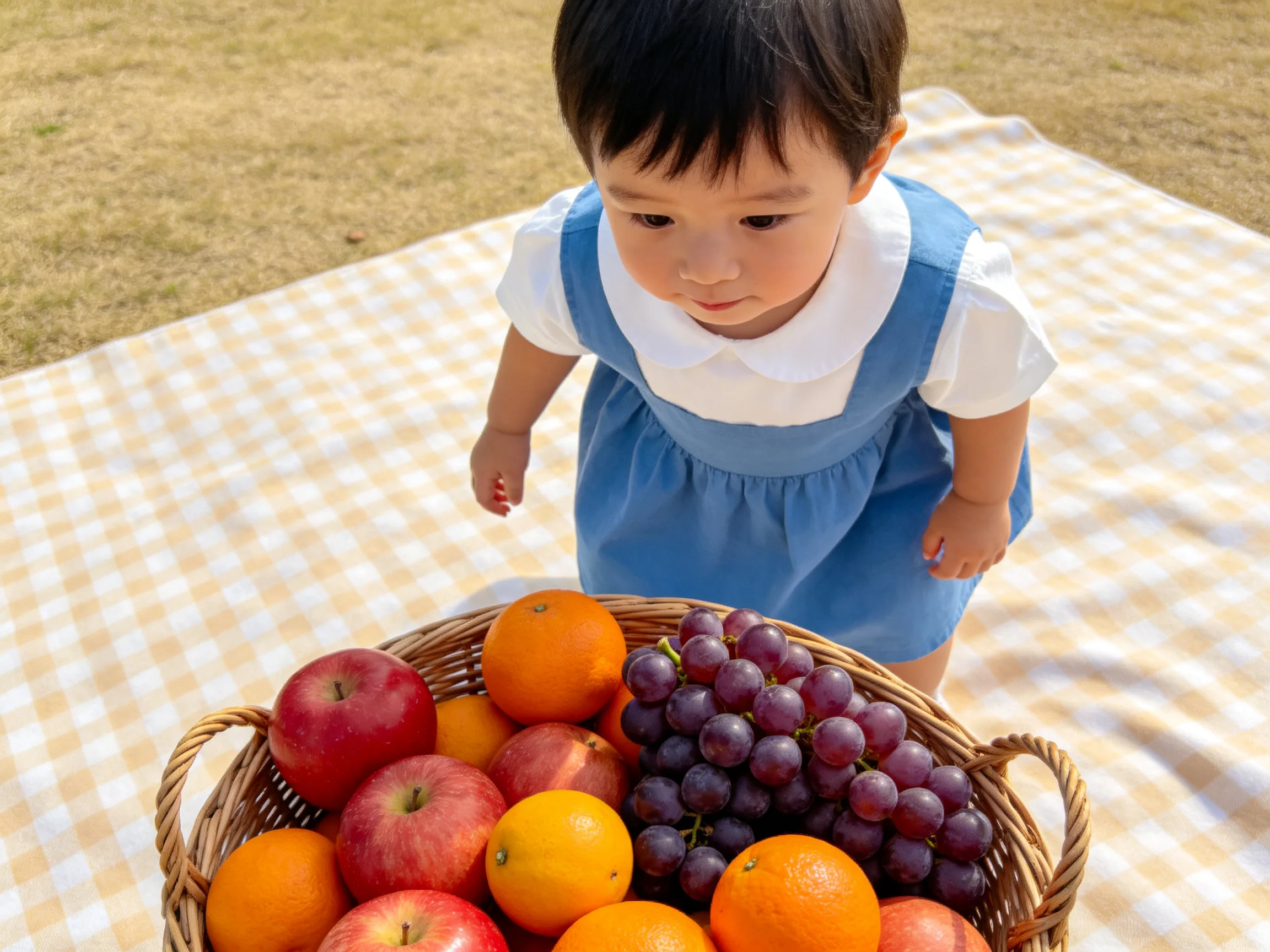A child near a wicker basket of assorted fruits on a checkered blanket