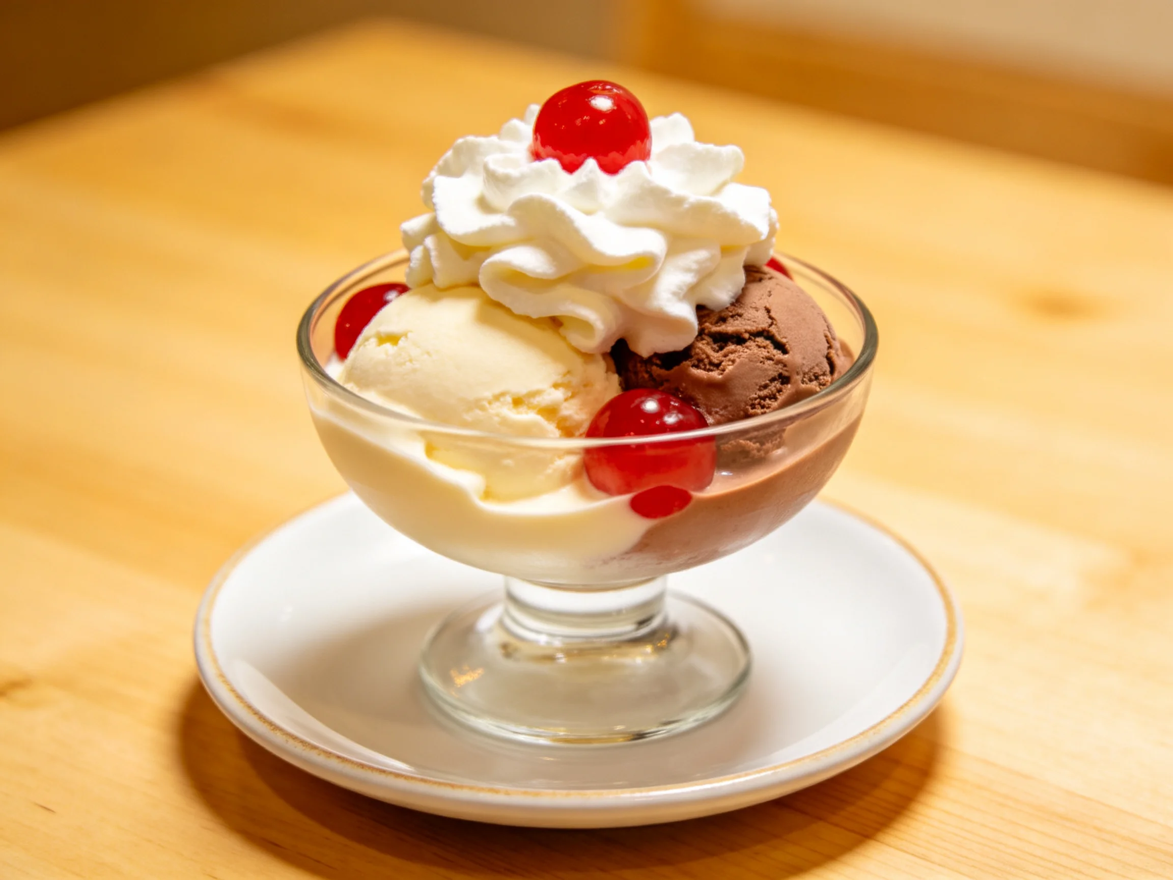 A chocolate and vanilla ice cream sundae with whipped cream and cherries