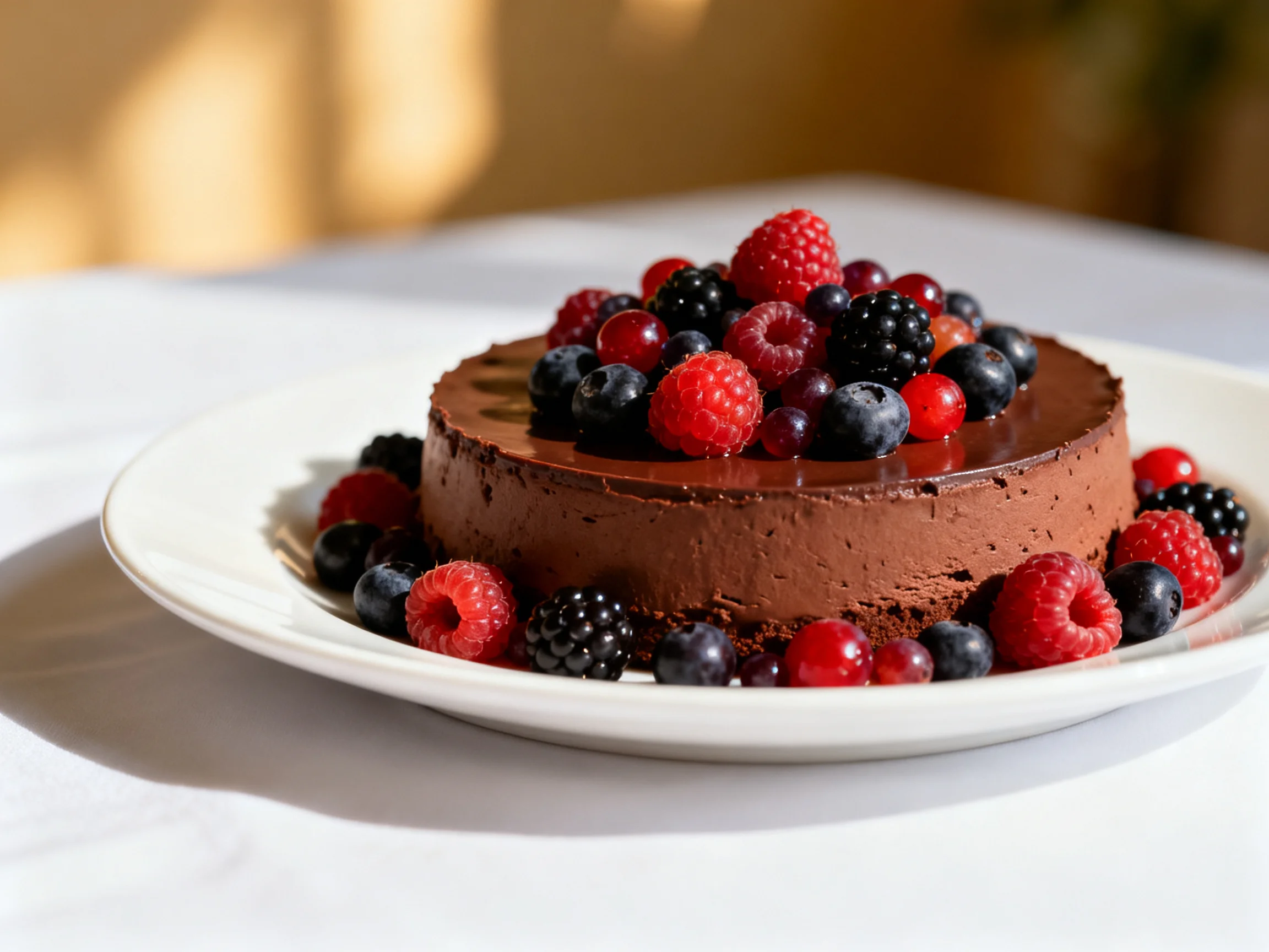 A chocolate mousse cake topped with mixed berries on a white plate
