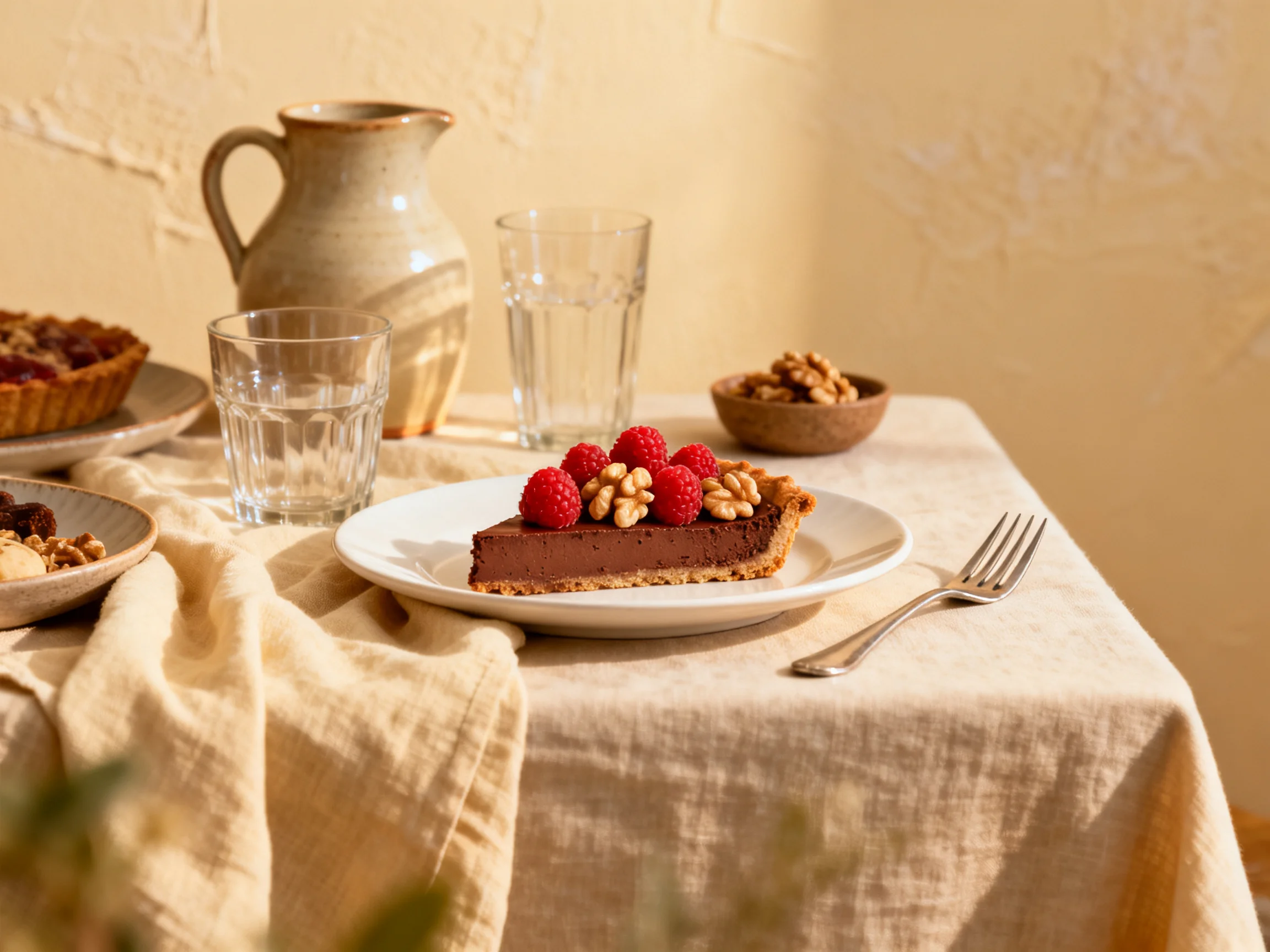 A chocolate tart slice garnished with raspberries and walnuts on a white plate